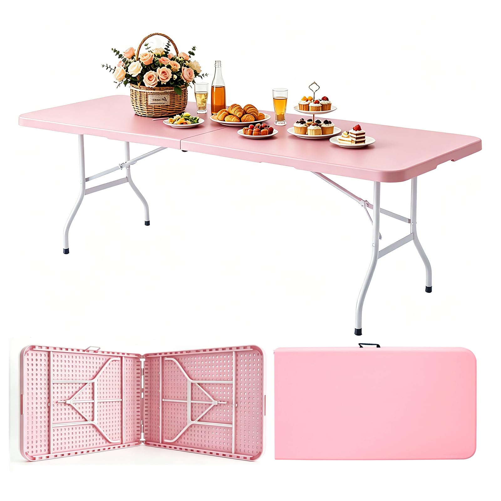 Portable Plastic Folding Table 4ft/6ft/8ft Heavy Duty White Black Picnic Dining Table Fold-in-Half for Camp Party Kitchen Indoor Outdoor