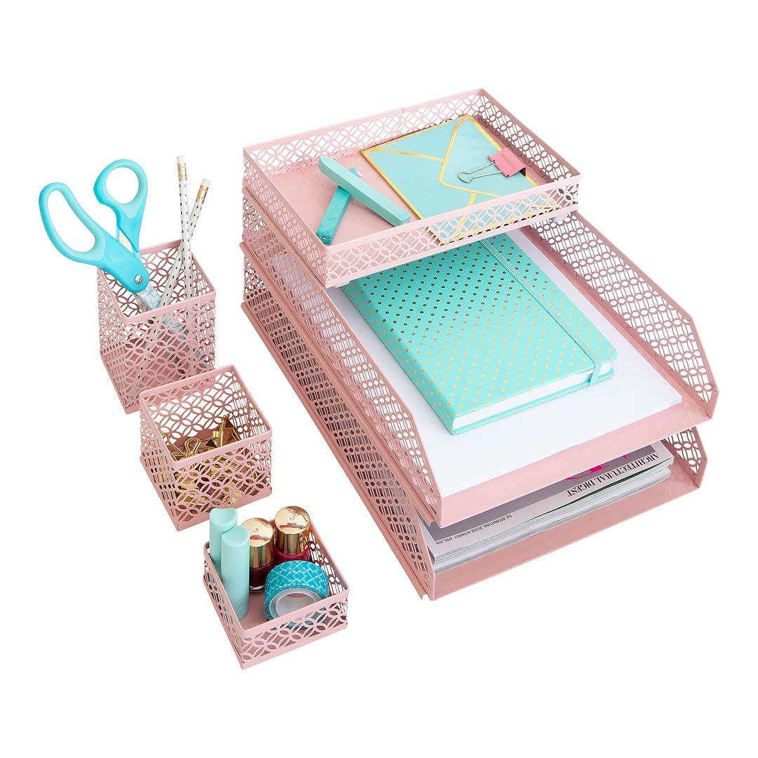 BLU MONACO | Gold Desk Organizer Set for Women 6 Piece | Mail Sorter Organizer Countertop with Letter Sorter for Desk | Steel Desktop Organizer with Mesh Pen Holders