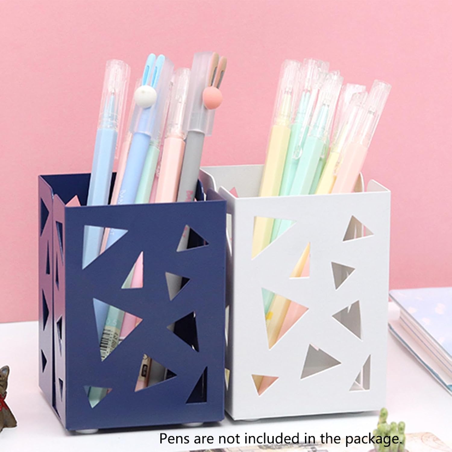 3Pcs Pink+White+Blue Hollow Pattern Metal Pen Pencil Pot Cup Holder Desk Container Organizer Makeup Brush Holder Gift for Office, Classroom, Home