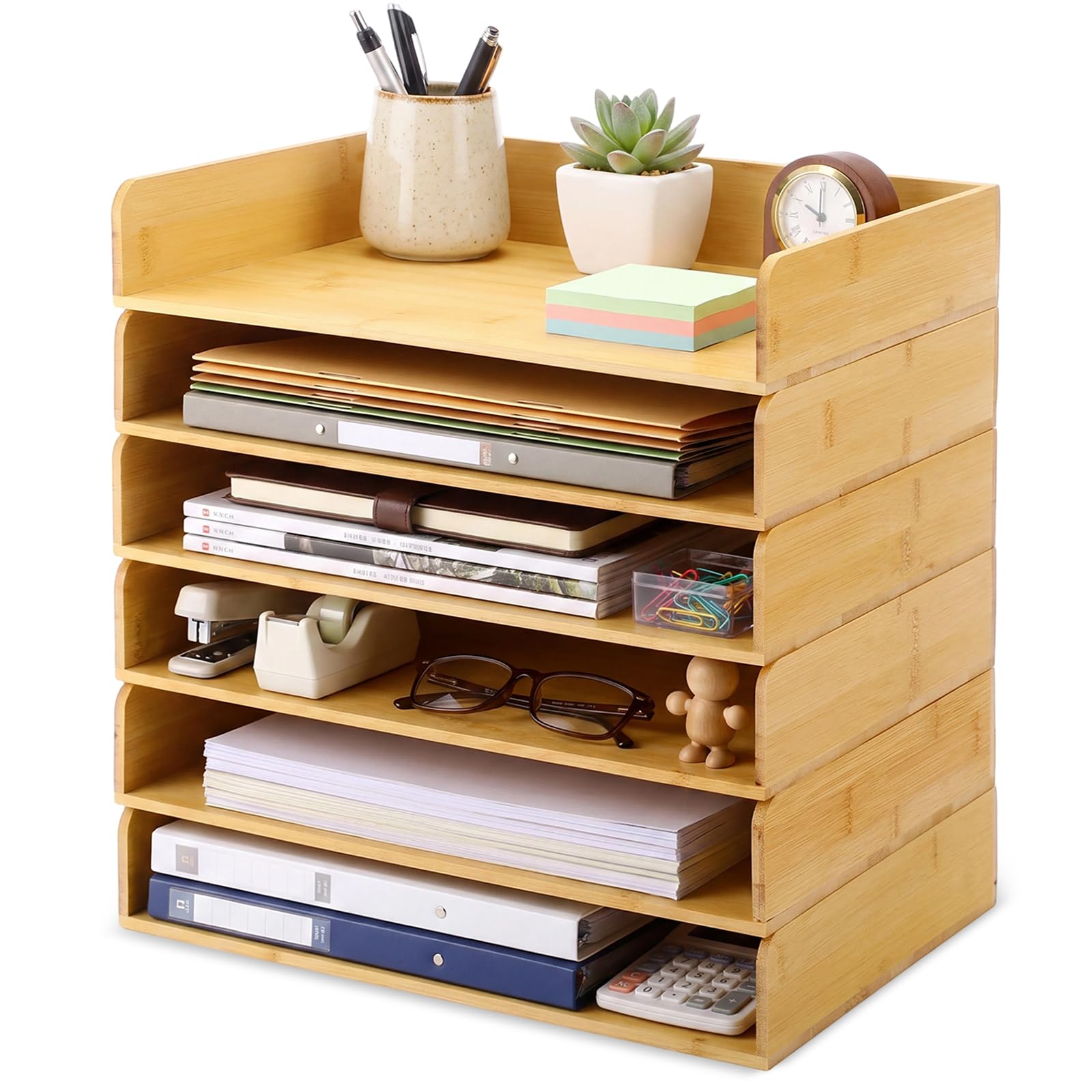 Novabright 6 Pack Acacia Wood Stackable Letter Trays, Desktop File Document Organizer for Office