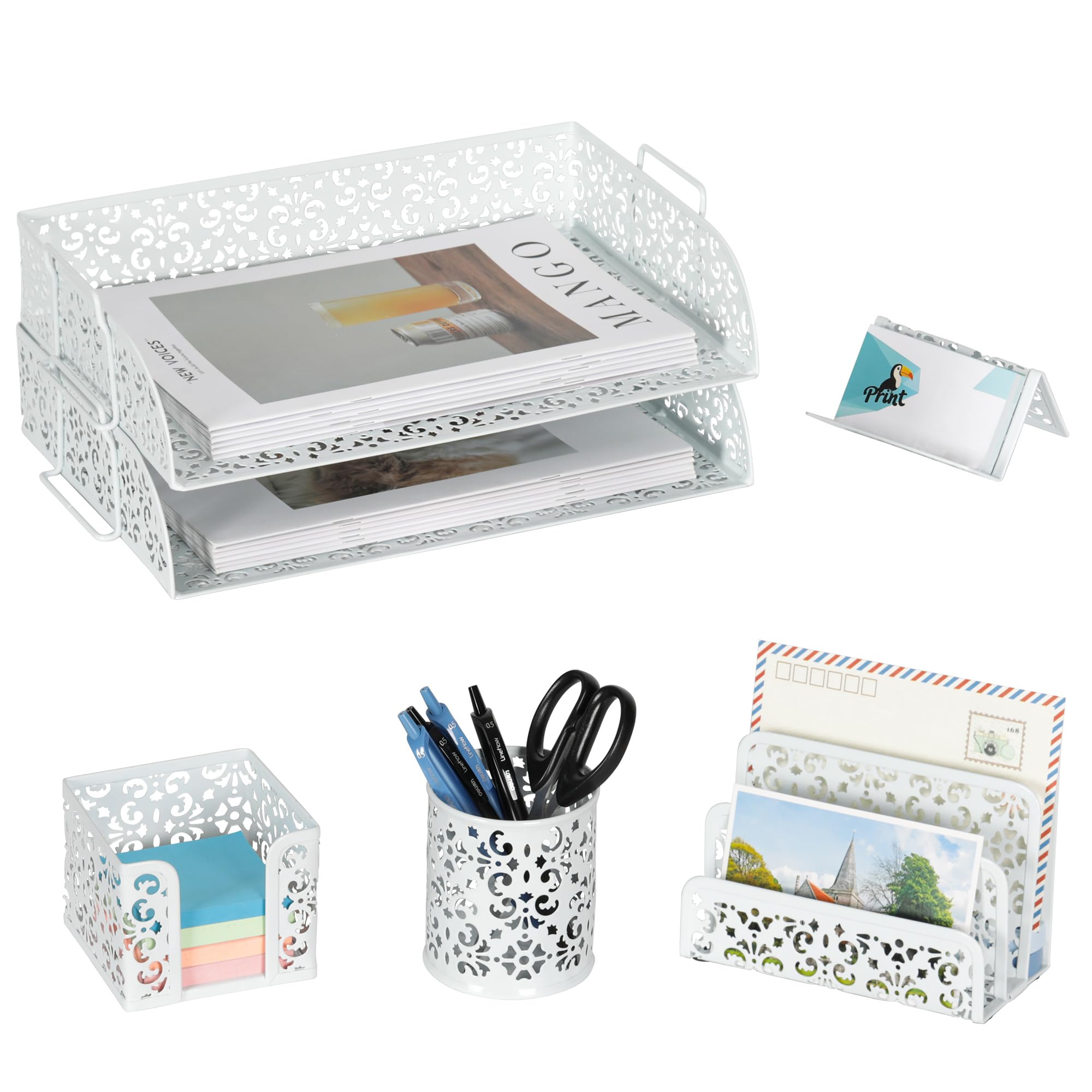 EasyPAG Desk Organizers and Accessories 5 Pieces Office Supplies Set - 2 Tier Paper Tray, Pencil Organizer for Desk, Mail Sorter Countertop, Business Card Holder and Sticky Note Holder, Black