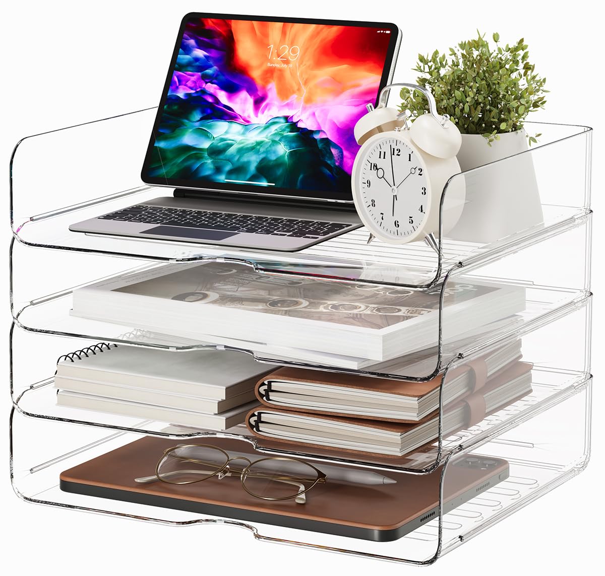 DCA Clear Acrylic Desk Organizer Set, 4 Tier Letter Tray with 2 Magazine File Holders, Clear Paper Organizer for Office, Home, School, Desktop File Storage for Documents, Books & Supplies
