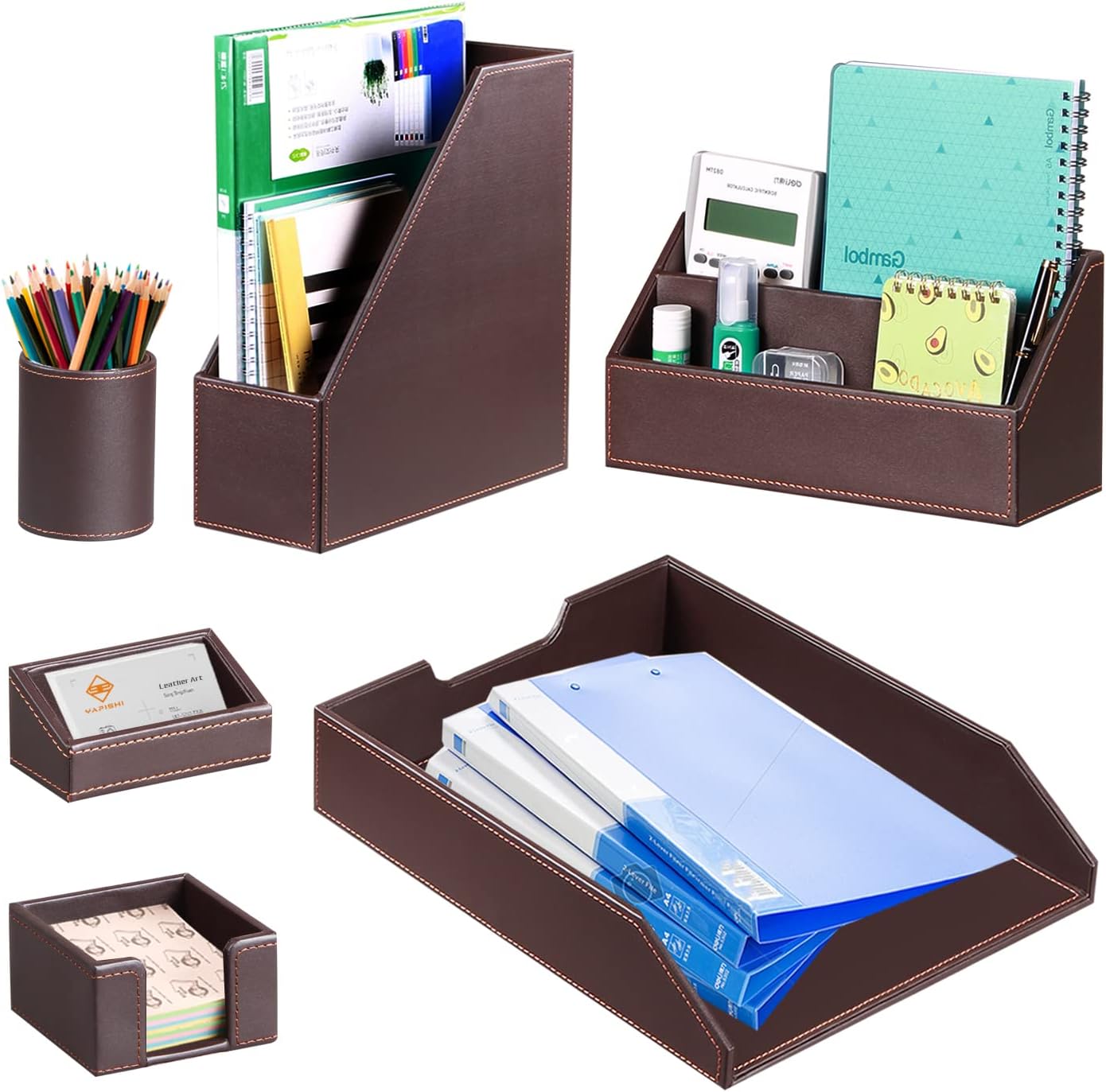Desk Accessories and Workspace Organizers, 6 PCS Office Supplies Organization Set- Pencil Cup, Business Card Holder, Sticky Note Dispenser, Mail Sorter, Letter Tray, Files Holder, Desktop Caddy