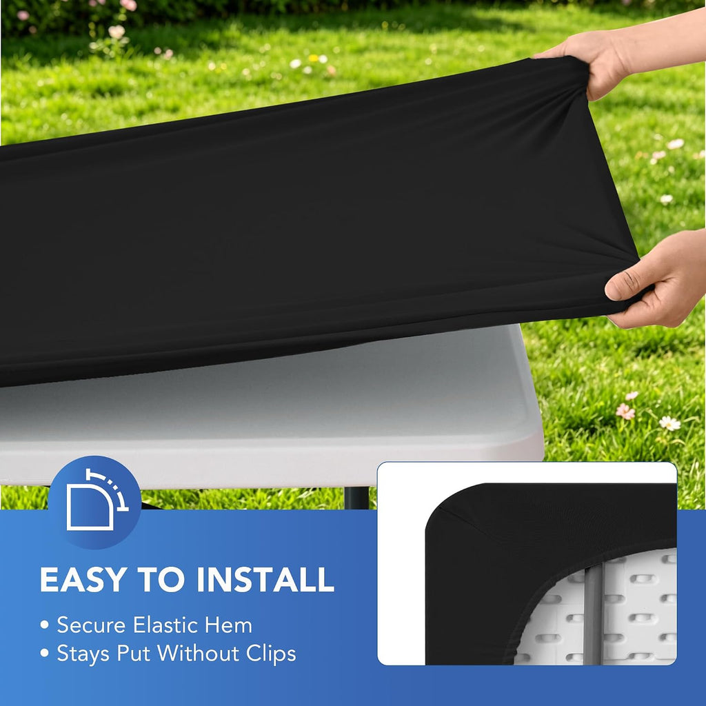Fitted Tablecloth for 6 Foot Rectangle Tables-6 Pack Black Elastic Outdoor Picnic Table Cover-Spandex Stretch Folding Table Cloths 6 ft for Camping Dining Room Patio Kitchen Banquet Party