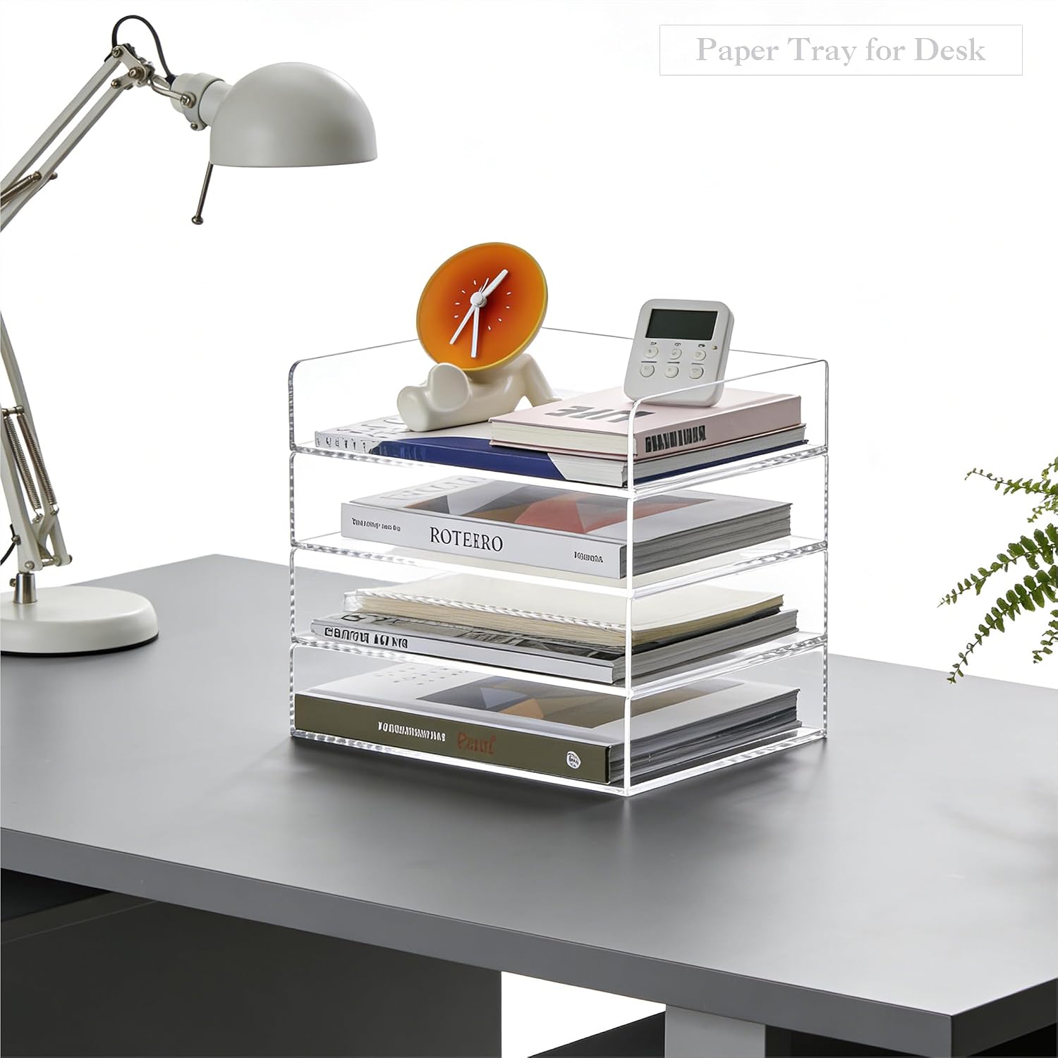 HeZone 4 Tier Paper Organizer for Desk,Acrylic Paper Tray,Clear Stackable Desk Organizer for Document, Office File,A4 Paper