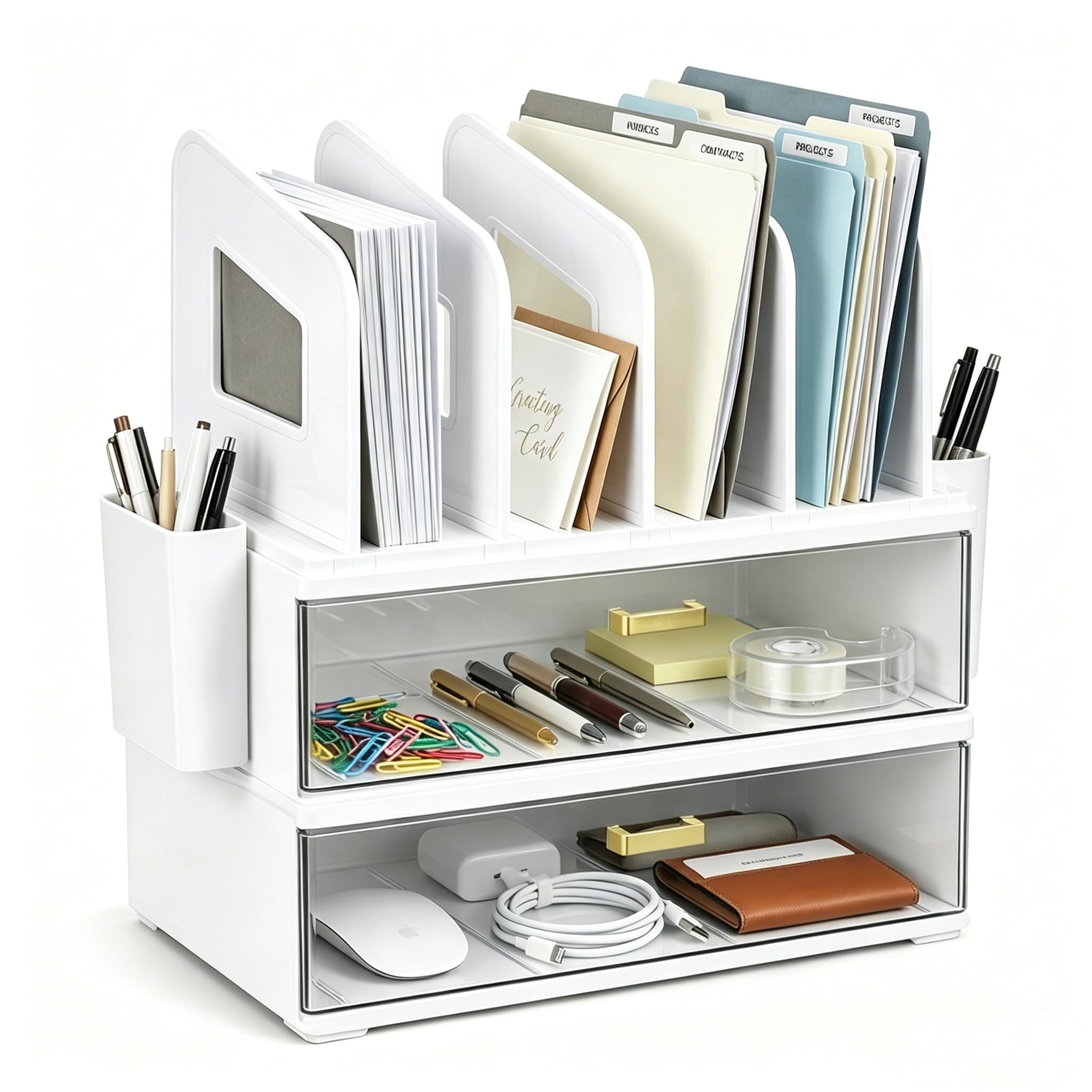 CiWiVOKi Desk Organizer with 2 Vertical File Holder, 4 Tier Stackable Paper Letter Tray File Organizer with 5-Compartments Pen Holder, Clear Desktop Organizer Office Organization and Storage