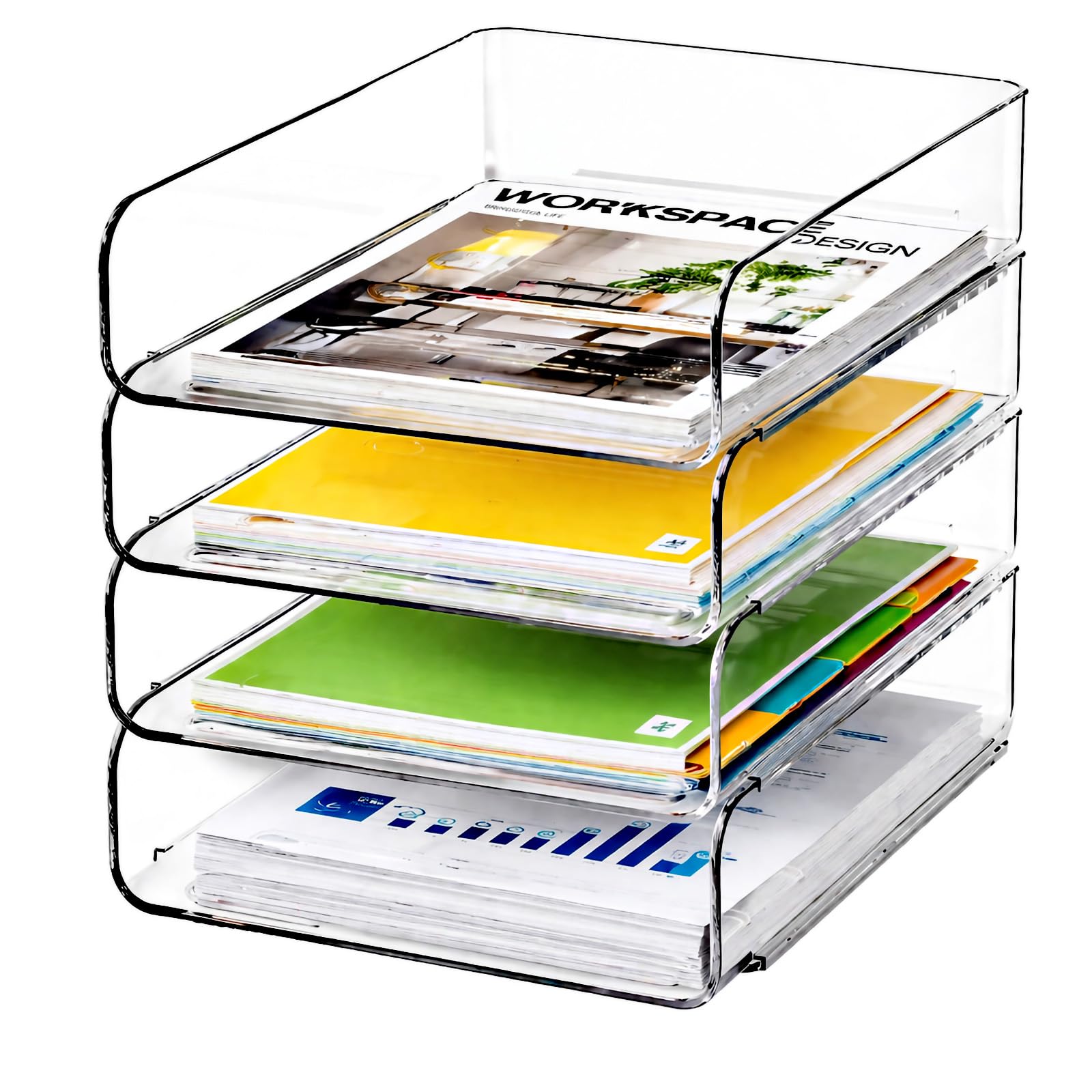 DCA Clear Acrylic Desk Organizer Set, 4 Tier Letter Tray with 2 Magazine File Holders, Clear Paper Organizer for Office, Home, School, Desktop File Storage for Documents, Books & Supplies
