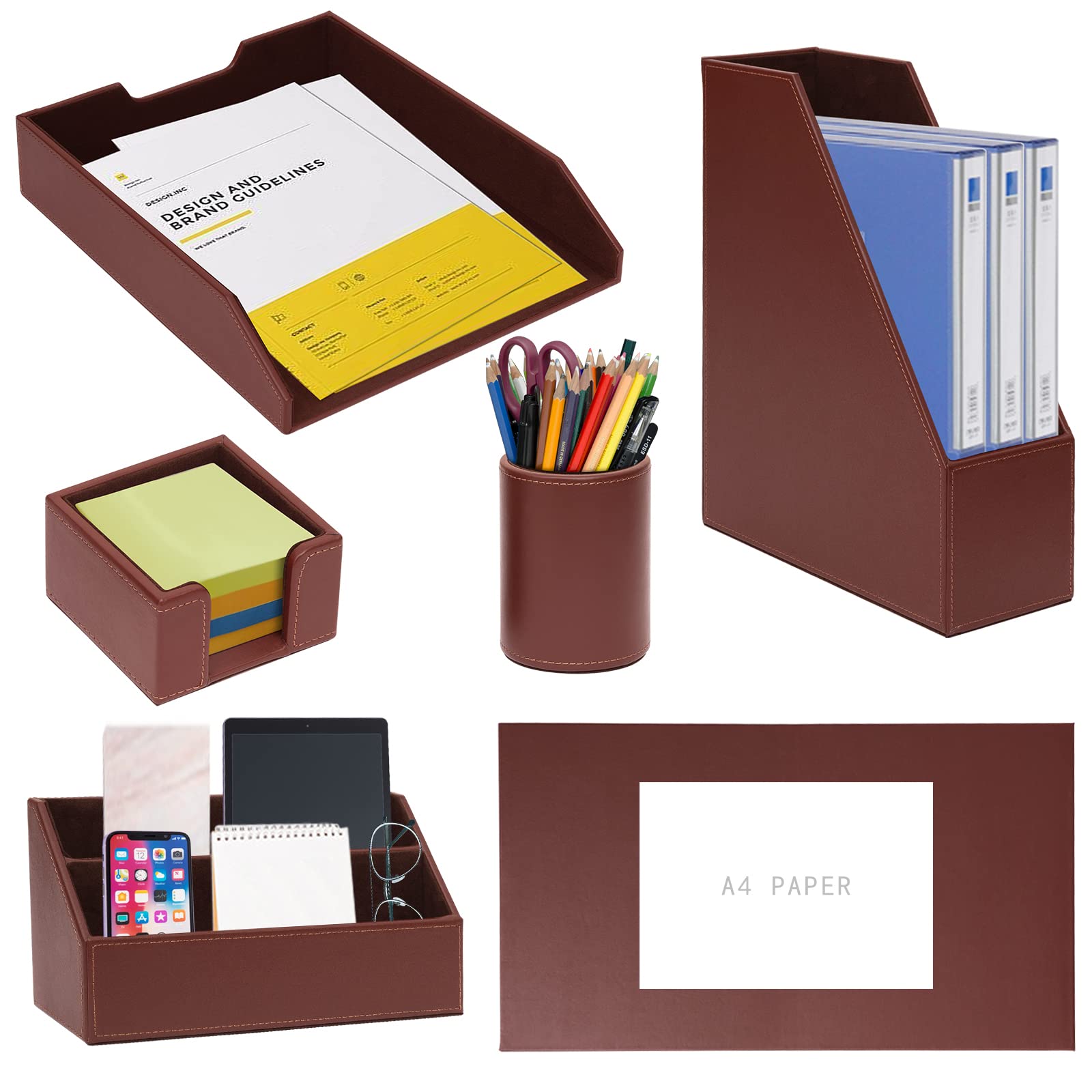 6 Piece Office Supplies/Desk Organizer Set with Desktop Leather Writing Pad,File Paper Tray,Magazine folder Holder, Pen Cup,Sticky Note Holder,Letter Mail Sorter,Workspace Decor for Women Men Black
