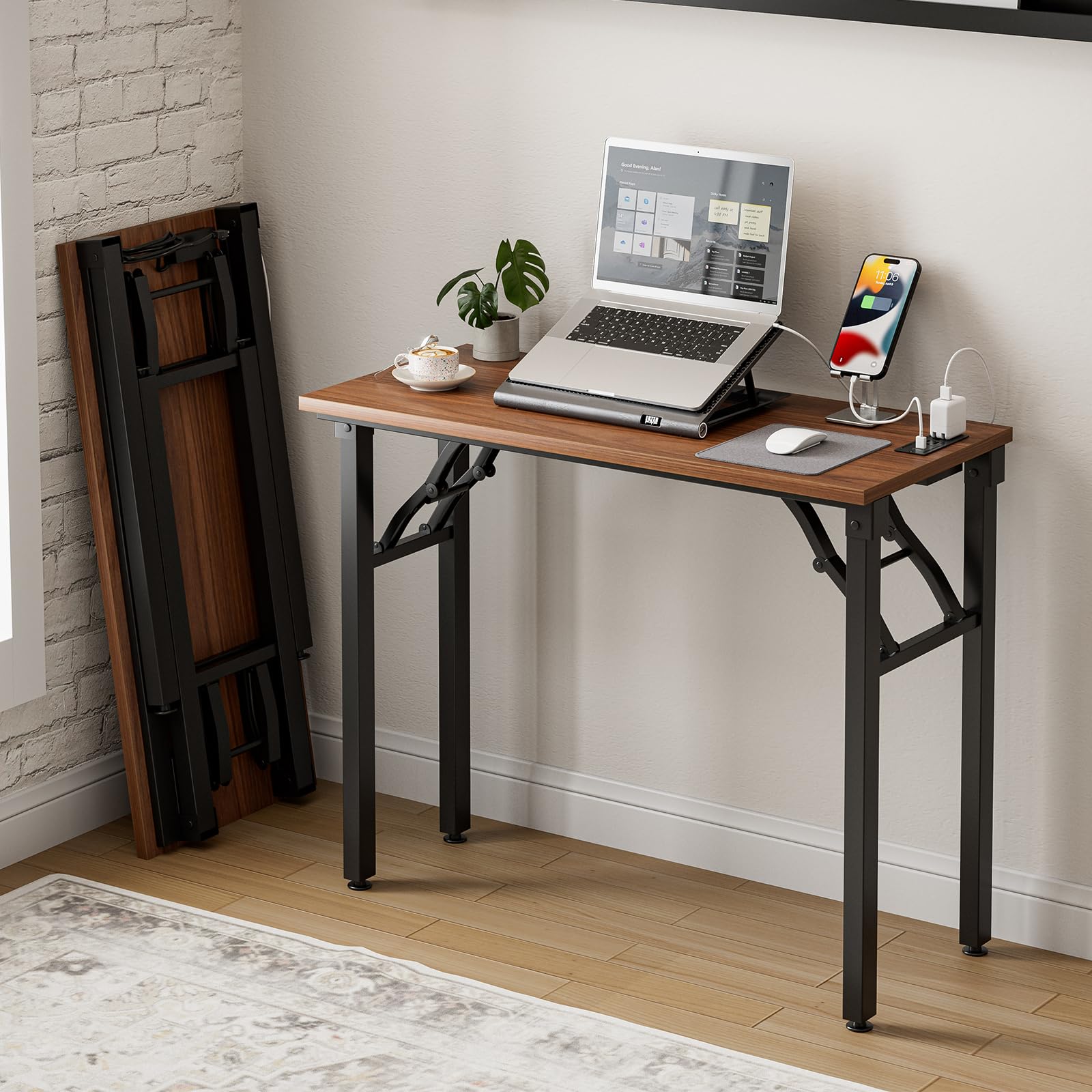 Frylr Small Folding Computer Desk – Portable 35.8 Inch Foldable Laptop Table, No-Assembly, Collapsible and Compact for Easy Storage, Lightweight for Small Spaces, Craft and Study Use, Dark Walnut