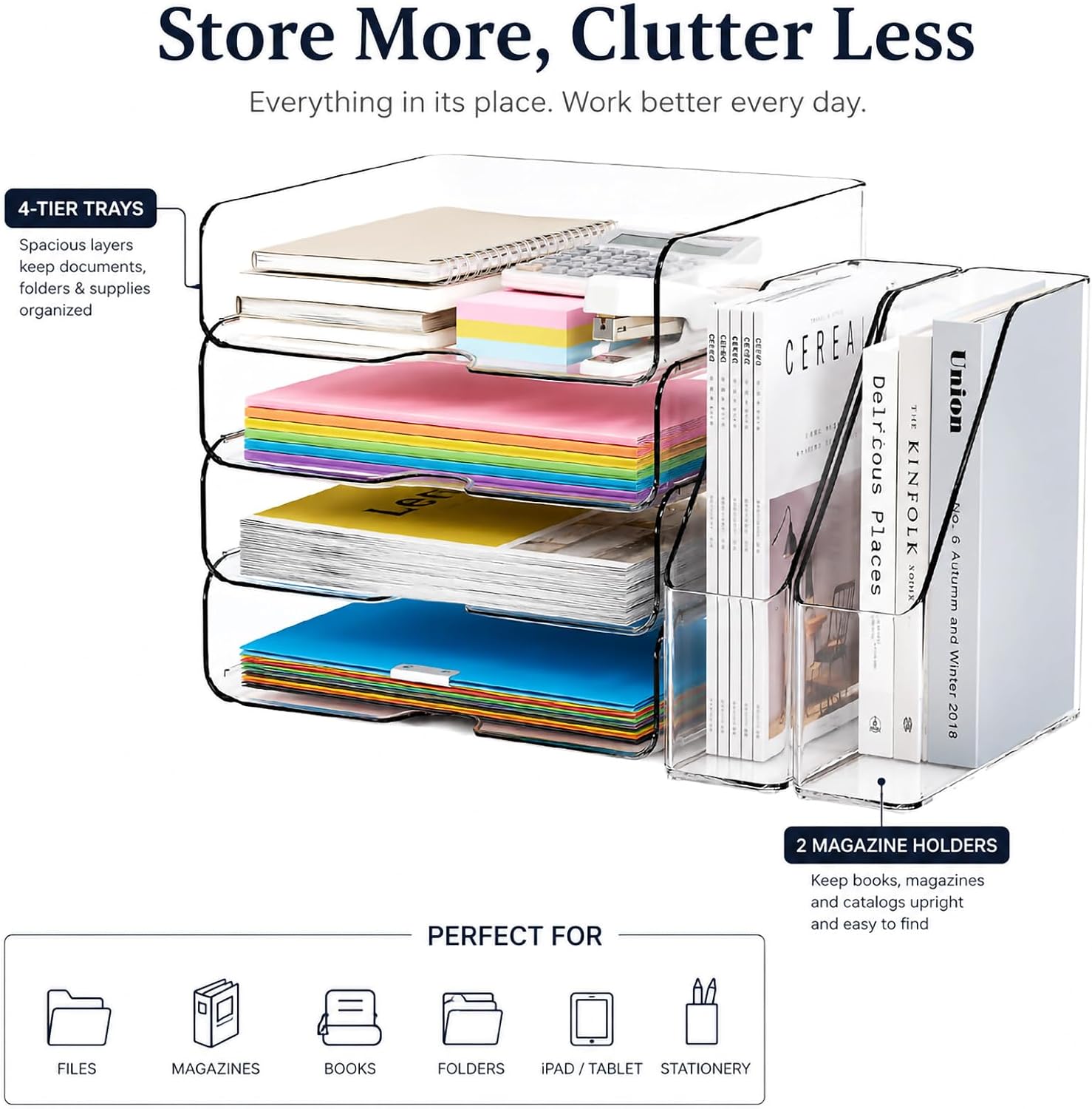 DCA Clear Acrylic Desk Organizer Set, 4 Tier Letter Tray with 2 Magazine File Holders, Clear Paper Organizer for Office, Home, School, Desktop File Storage for Documents, Books & Supplies
