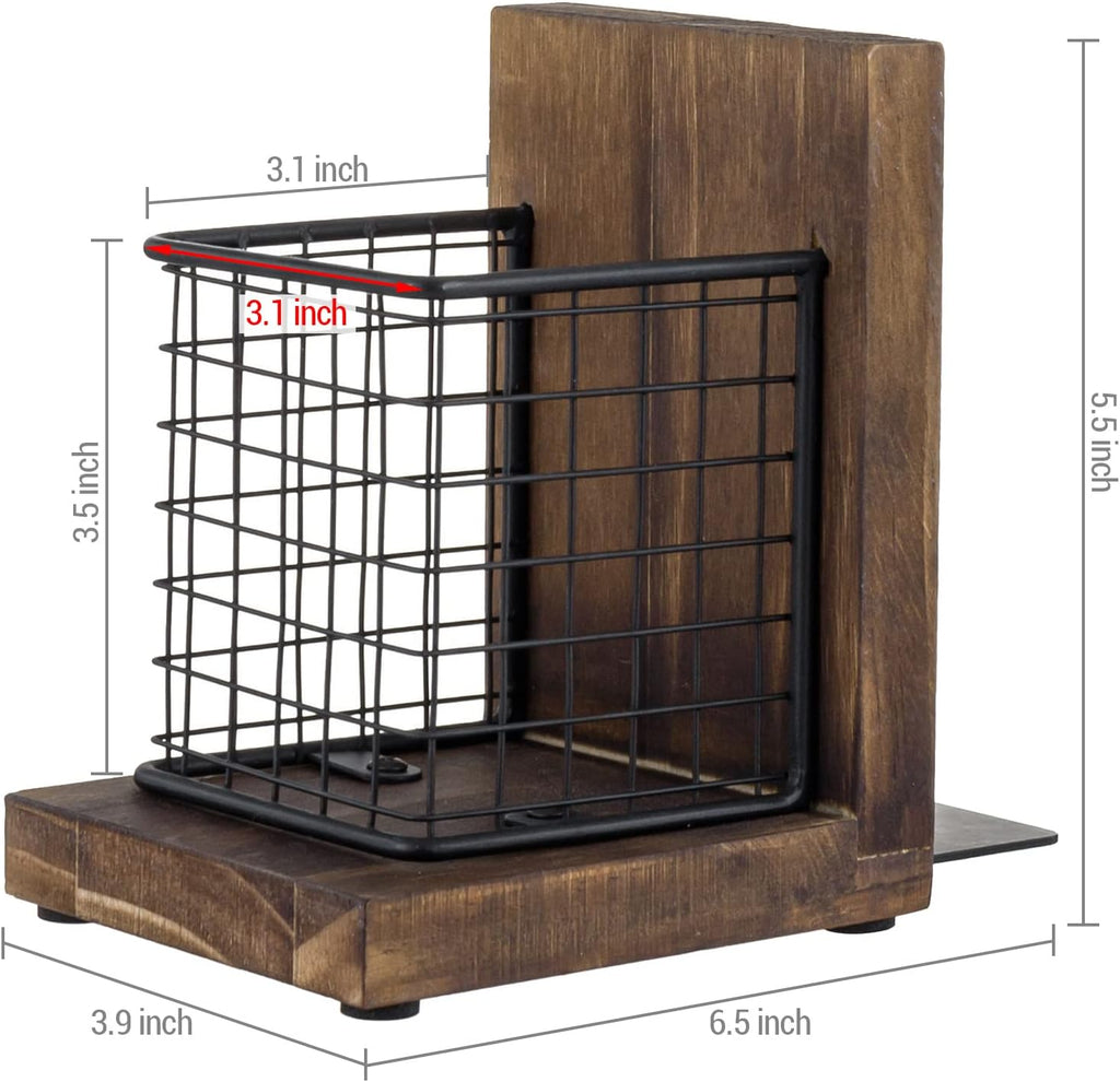 MyGift Book Ends for Desk, Decorative Farmhouse Bookends for Heavy Books with Pen Holders, Office Supplies Storage Baskets, Rustic Burnt Wood and Matte Black Metal Wire Basket, 1-Pair