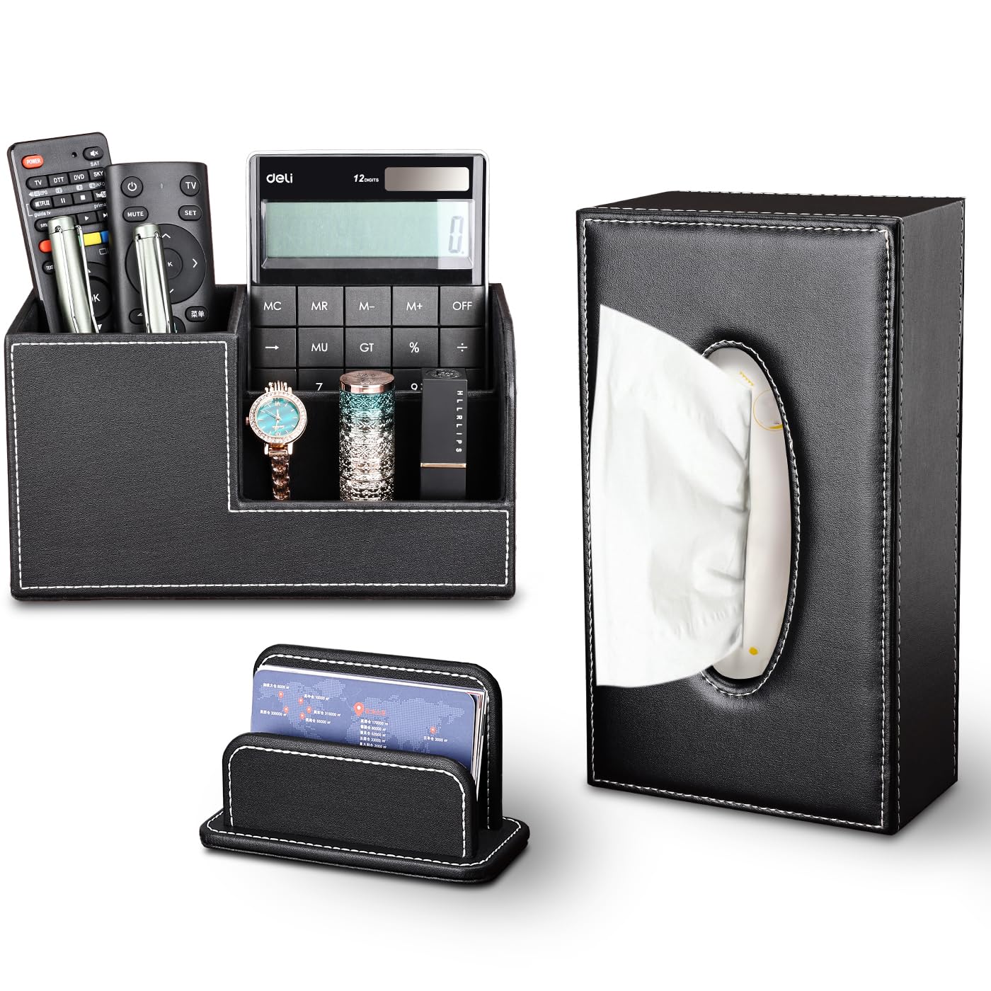 KINGFOM 5PCS Desk Organizer and Accessories Set, Pu Leather Office Supplies with Multifunction Desktop Organizer Storage Box, Tissue Holder, Mouse Pad, Note Paper Holder, Pencil Holder for Desk Black
