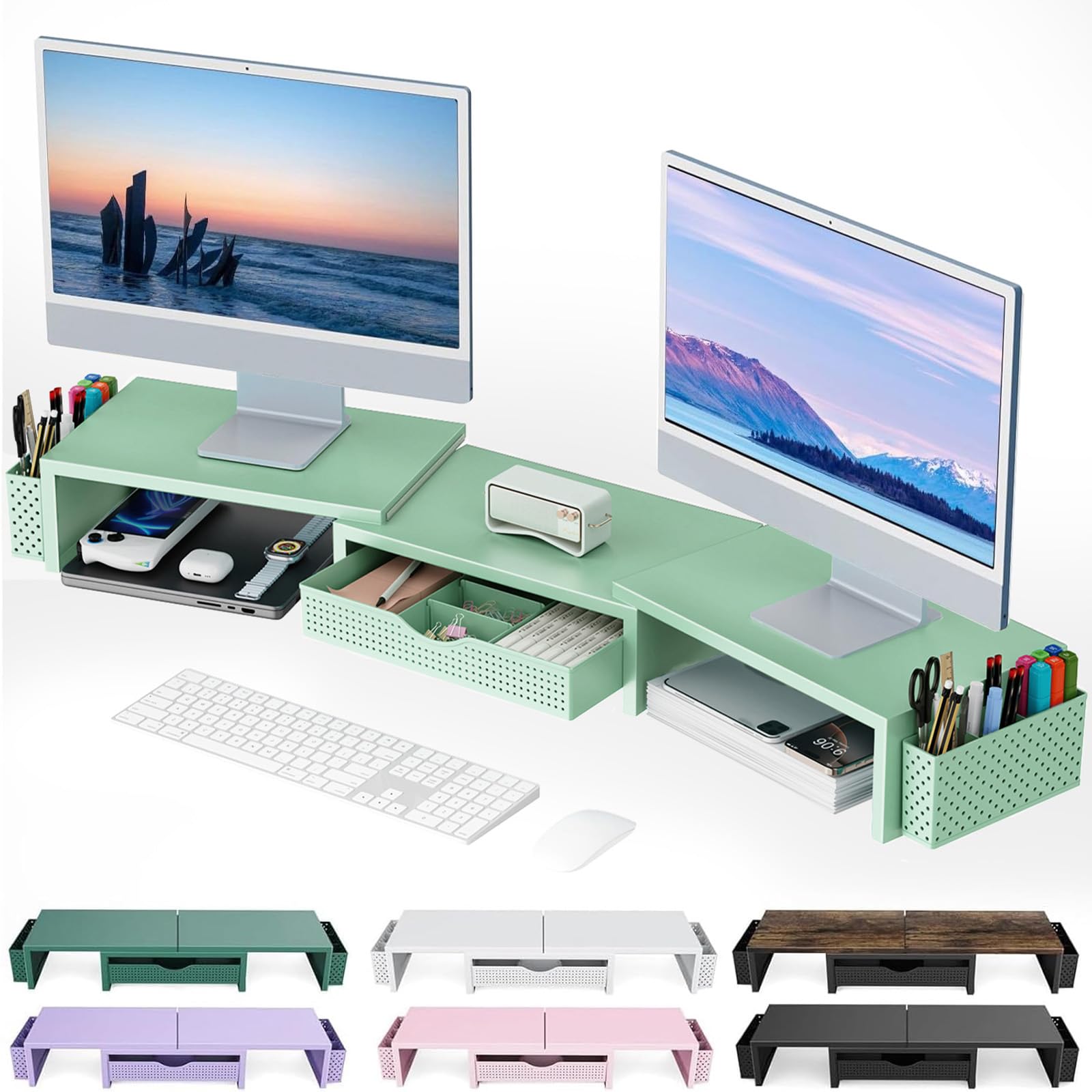 gianotter Dual Monitor Stand Riser, Desk Organizer With Drawer and 2 Pen Holders,Desk Organizers and Accessories, Pink Office Supplies (Pink)