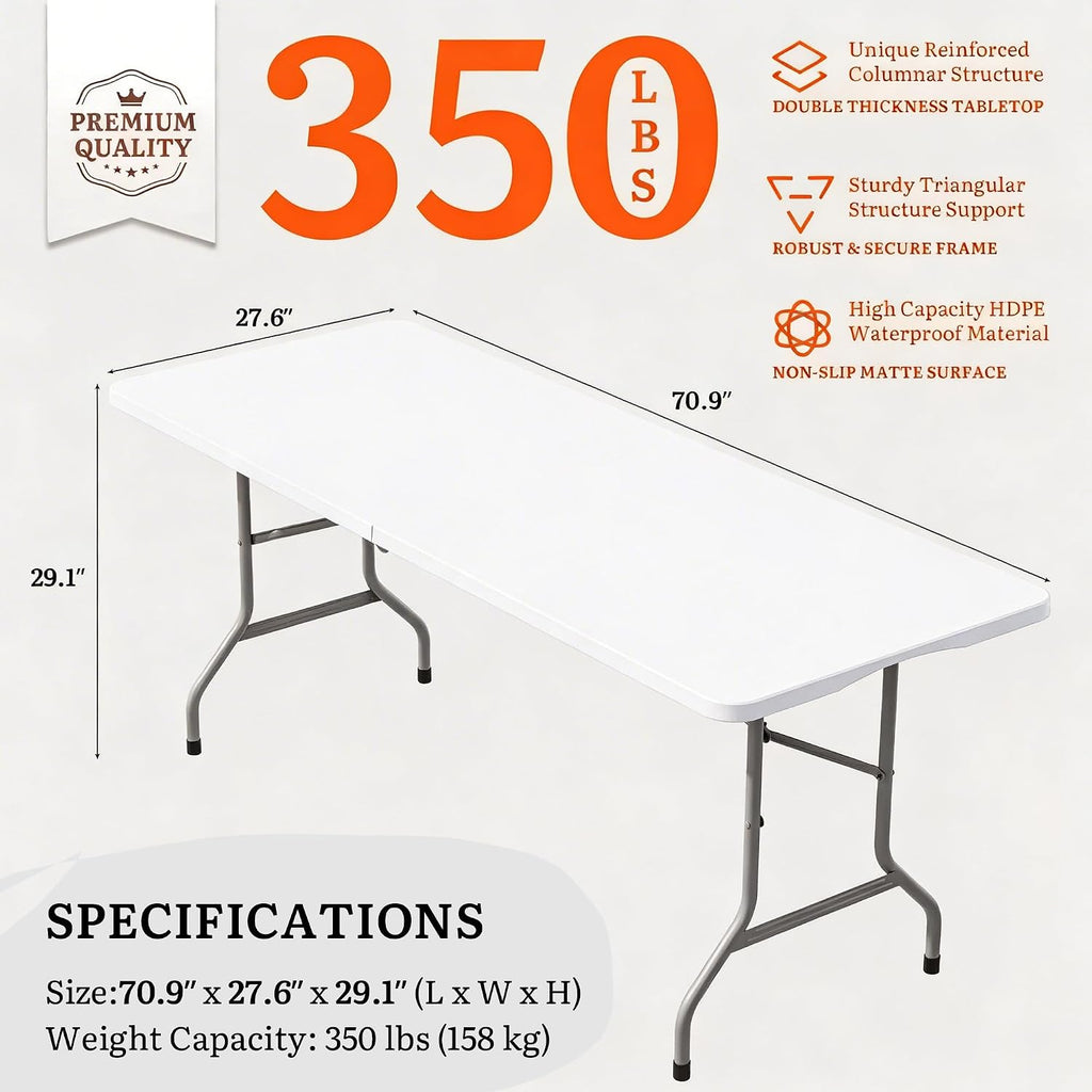 DWVO 6FT Folding Table, Heavy Duty Folding Tables with Carrying Handle, HDPE Fold up Table for Outdoor Camping Picnic Parties, Indoor Events (White)