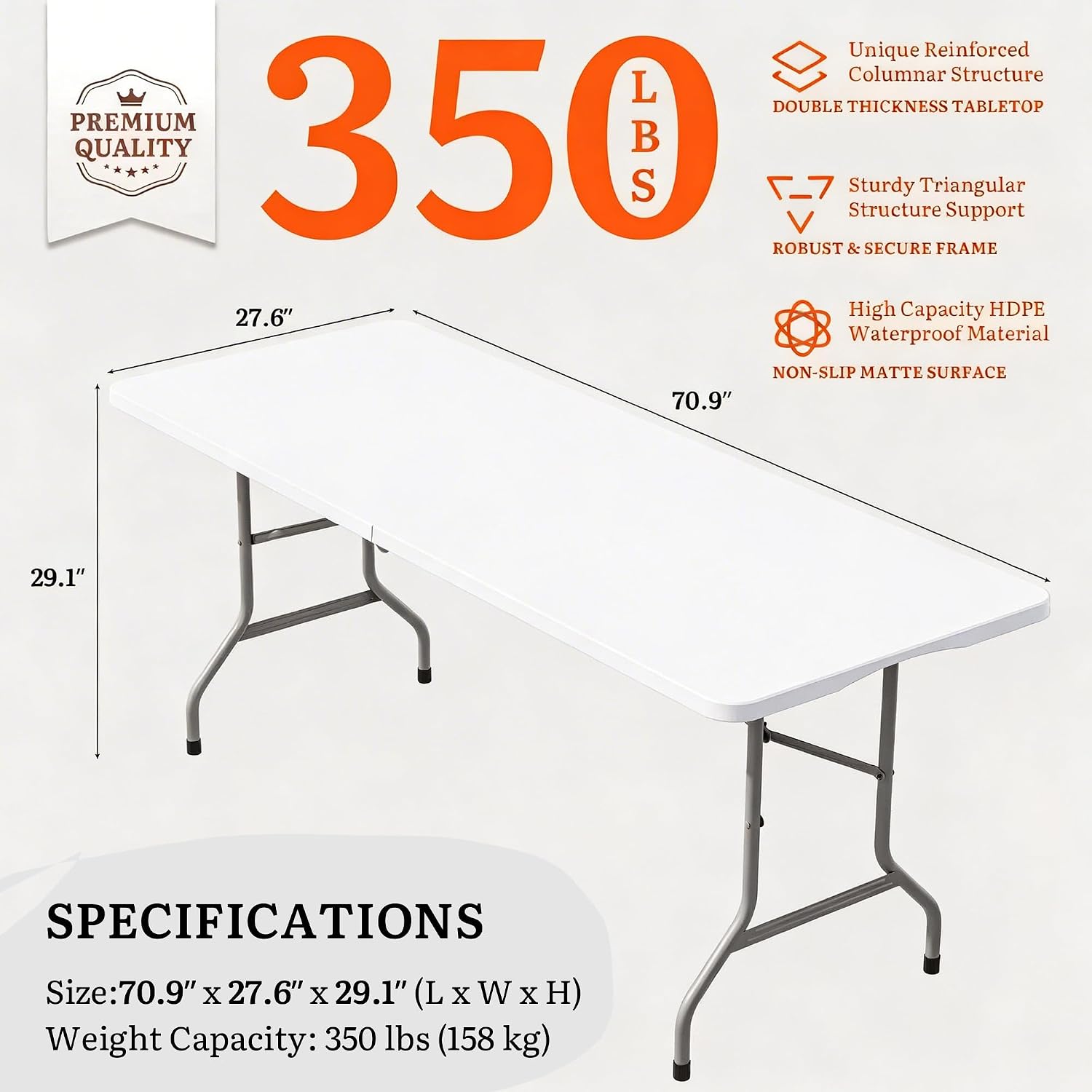 DWVO 6FT Folding Table, Heavy Duty Folding Tables with Carrying Handle, HDPE Fold up Table for Outdoor Camping Picnic Parties, Indoor Events (White)