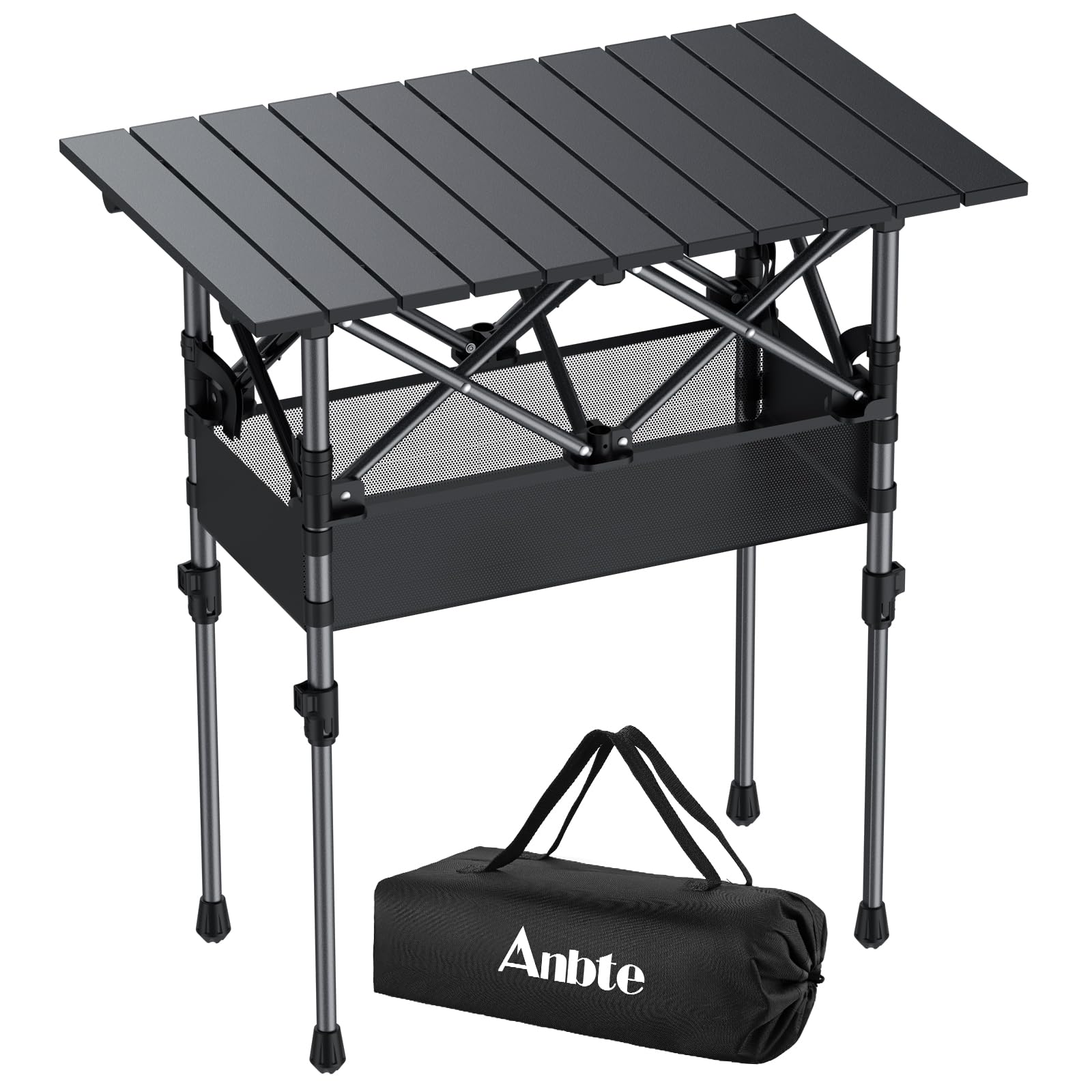 Anbte 3ft Aluminum Roll Top Camping Table, 2 Adjustable Height Camping Table Folding with Storage Net & Bag Lightweight Roll Up Table for Tailgate Outdoor Backyard BBQ Patio Picnic, 32.2” X 16”, Black