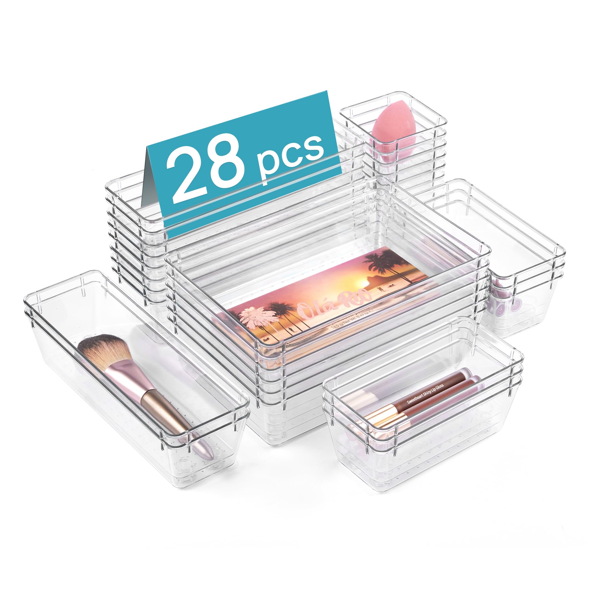 Vtopmart 28 PCS Clear Plastic Drawer Organizers Set, 4-Size Bathroom and Vanity Drawer Organizer Trays, Acrylic Storage Bins for Toiletries, Makeup, Cosmetic, Kitchen Utensils, Tool, Gadgets