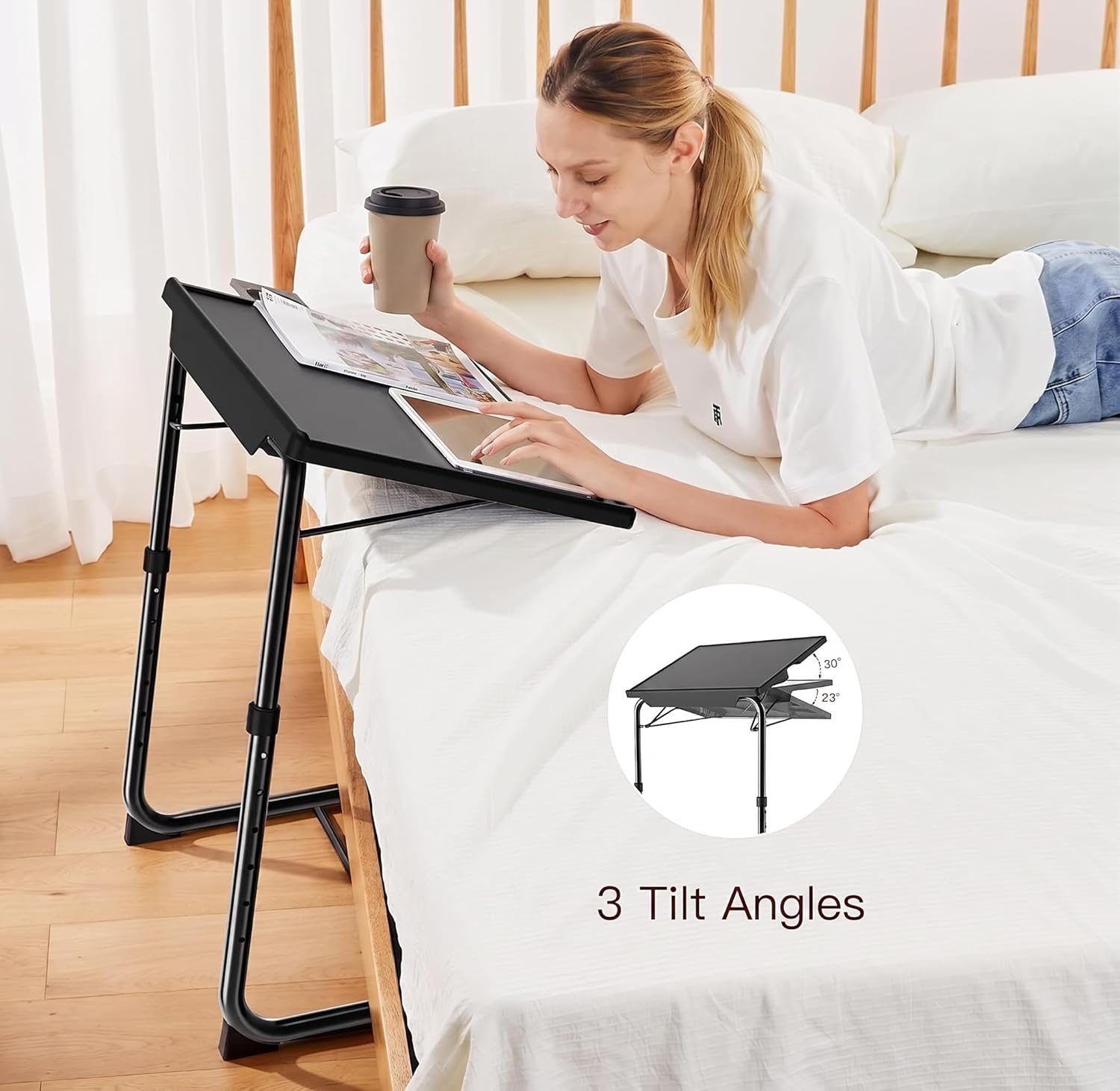 HUANUO Adjustable TV Tray Table - TV Dinner Tray on Bed & Sofa, Comfortable Folding Table with 6 Height & 3 Tilt Angle Adjustments (Black)