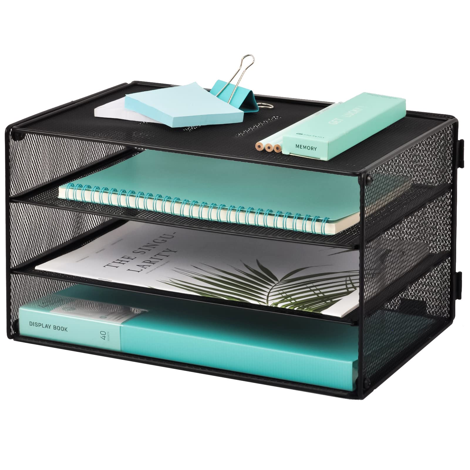 EASEPRES 5 Slot Mesh Desk Organizer Tray, File Paper Letter Folder Holder Desktop Paper Sorter Mail Organization Rack Storage Accessories, for Office Home School Classroom, Black, 2 Pack