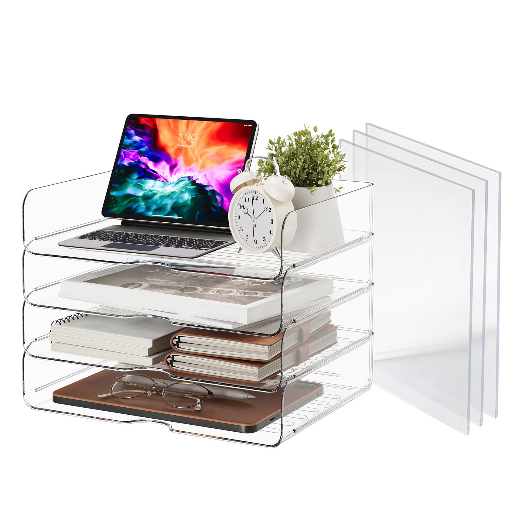 DCA Clear Acrylic Desk Organizer Set, 4 Tier Letter Tray with 2 Magazine File Holders, Clear Paper Organizer for Office, Home, School, Desktop File Storage for Documents, Books & Supplies