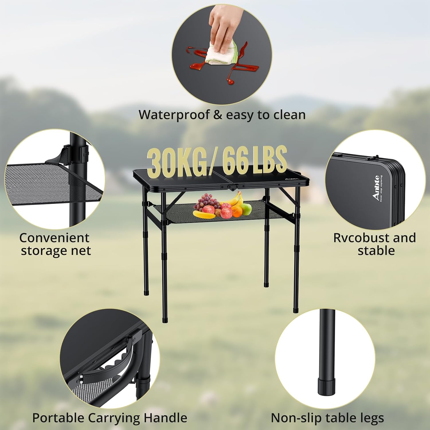 Anbte Folding Camping Table, 36" x 24" Portable Table Adjustable Height Max 28 inch Aluminum Folding Table with Storage Net, Lightweight, Portable Handle for Travel, Outdoor, Backyard (Black)