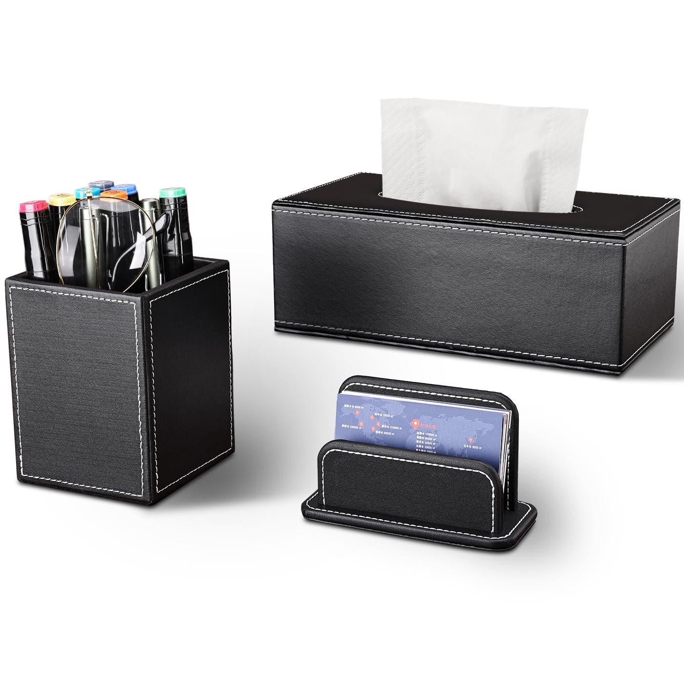 KINGFOM 5PCS Desk Organizer and Accessories Set, Pu Leather Office Supplies with Multifunction Desktop Organizer Storage Box, Tissue Holder, Mouse Pad, Note Paper Holder, Pencil Holder for Desk Black