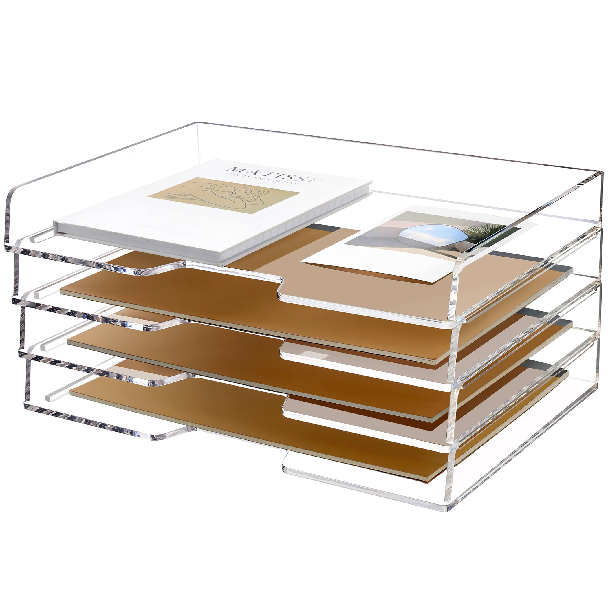 SANRUI 4 Tier Stackable Paper Letter Tray, Acrylic Vertical File Tray A4 Desk Organizer and Accessories Sorter Trays, Clear Workspace Office Supplies Organizers,12inx9.25inx6.6in