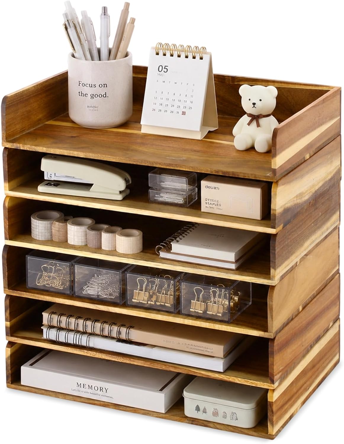 Novabright 6 Pack Acacia Wood Stackable Letter Trays, Desktop File Document Organizer for Office
