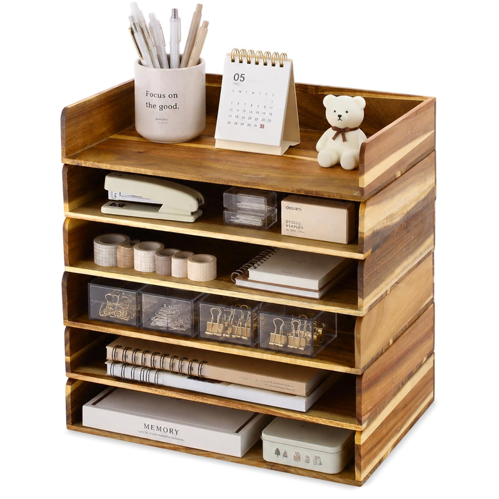 Novabright 6 Pack Acacia Wood Stackable Letter Trays, Desktop File Document Organizer for Office