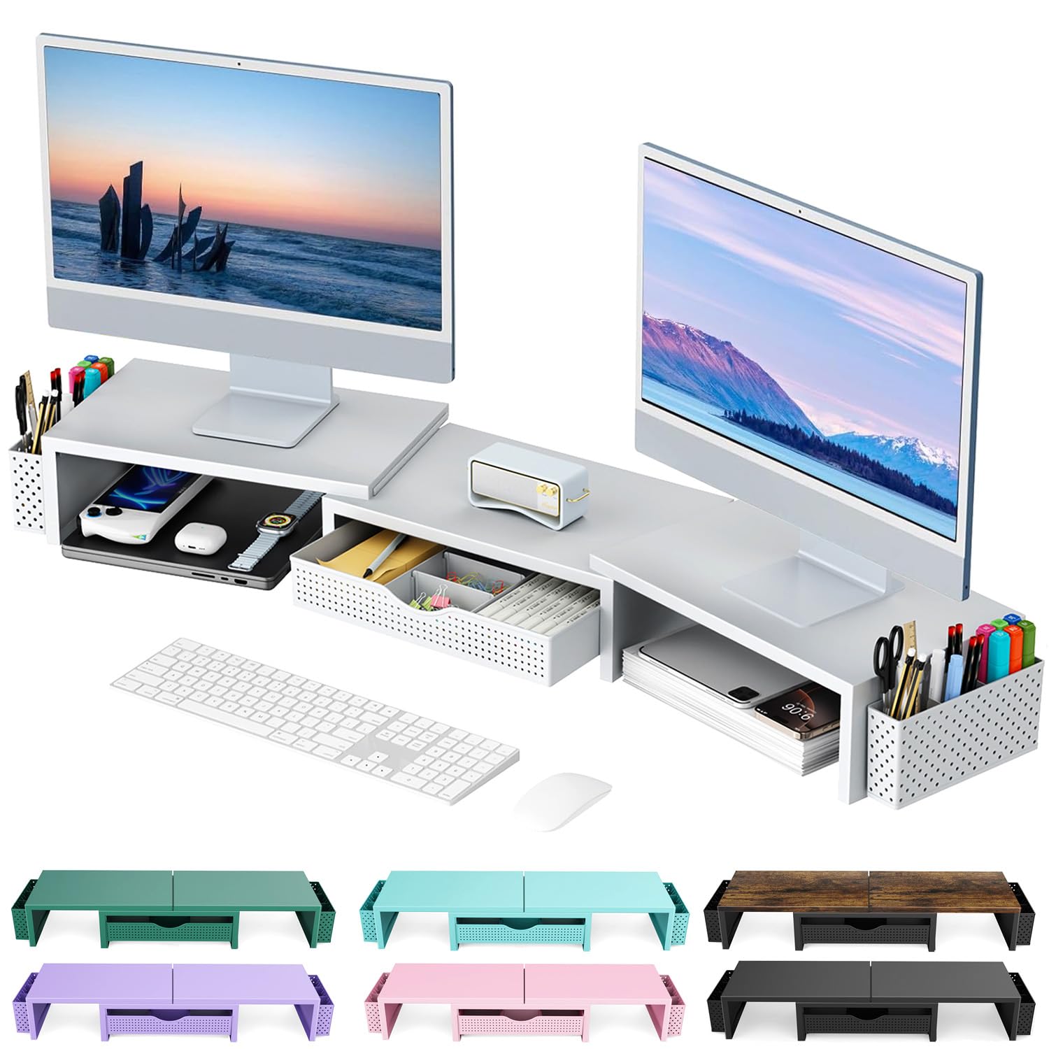 gianotter Dual Monitor Stand Riser, Desk Organizer With Drawer and 2 Pen Holders,Desk Organizers and Accessories, Pink Office Supplies (Pink)
