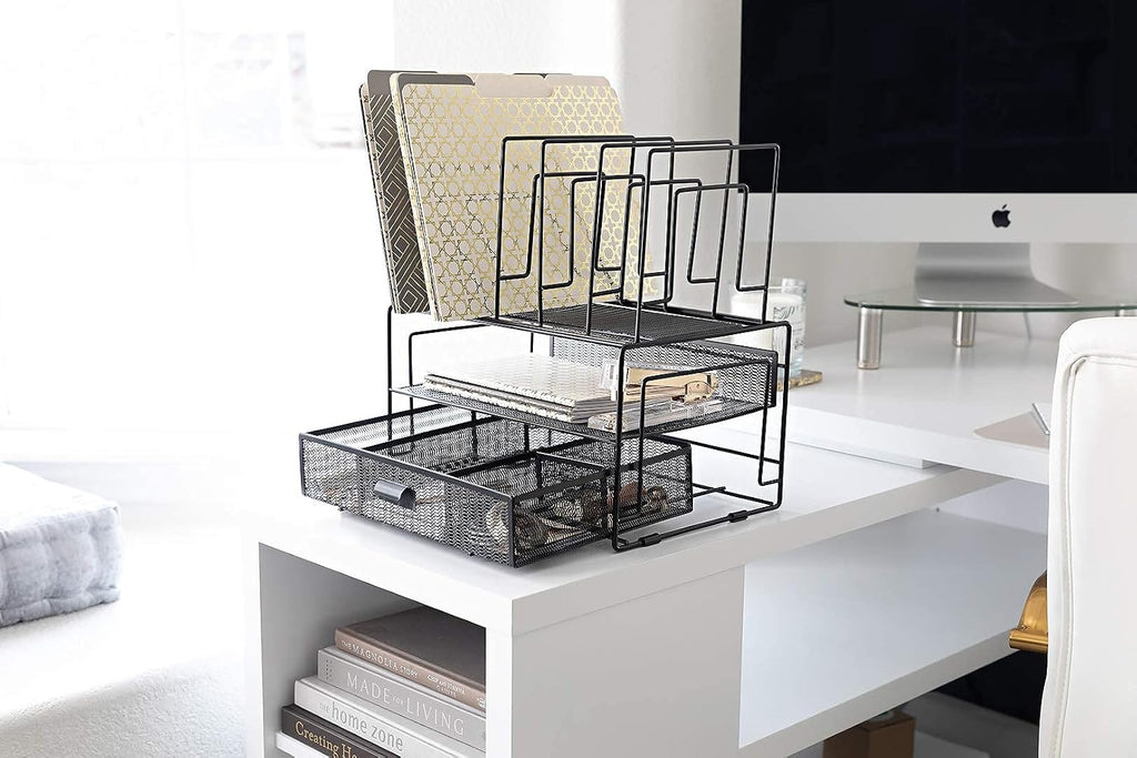 BLU MONACO | Black Wire Mesh Desk Organizer with Drawer | Desk Associates Women Office Set | File Sorters and Mesh Pen Holders Desktop Storage System