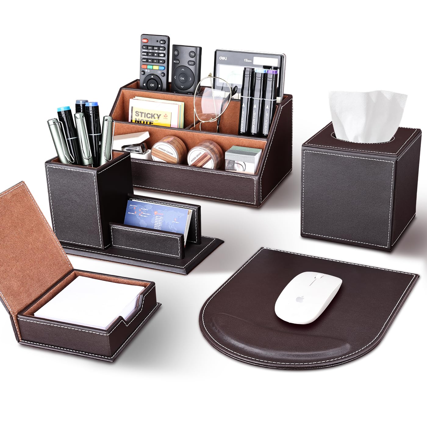 KINGFOM 5PCS Desk Organizer and Accessories Set, Pu Leather Office Supplies with Multifunction Desktop Organizer Storage Box, Tissue Holder, Mouse Pad, Note Paper Holder, Pencil Holder for Desk Black