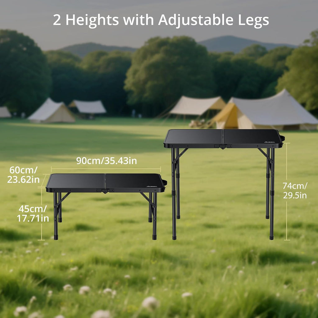 Anbte Folding Camping Table, 36" x 24" Portable Table Adjustable Height Max 28 inch Aluminum Folding Table with Storage Net, Lightweight, Portable Handle for Travel, Outdoor, Backyard (Black)