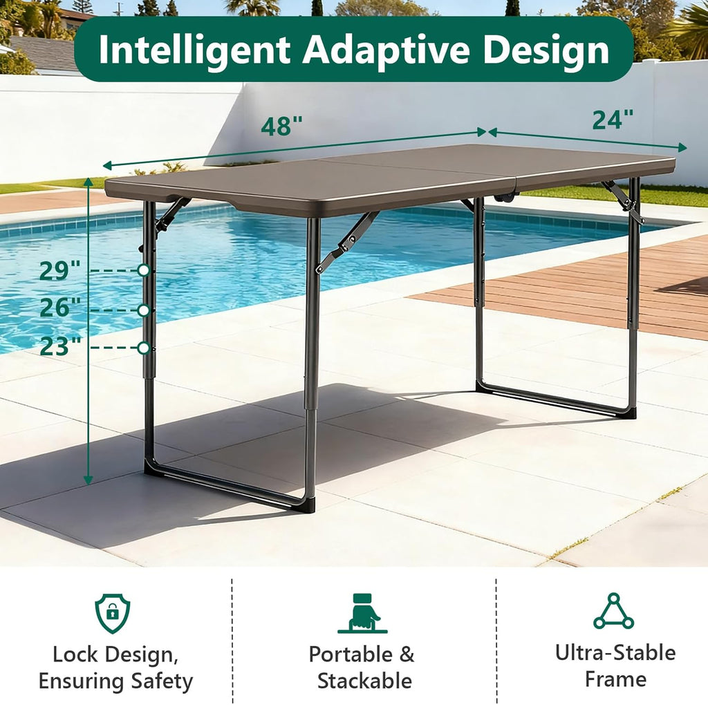 Folding Table, 4FT Foldable Picnic Table with Carrying Handle, Heavy Duty Fold-in-Half Portable Table for Weddings, Camping, RV Travel, Parties, BBQs, and Indoor Use, Easy to Fold and Store, Khaki