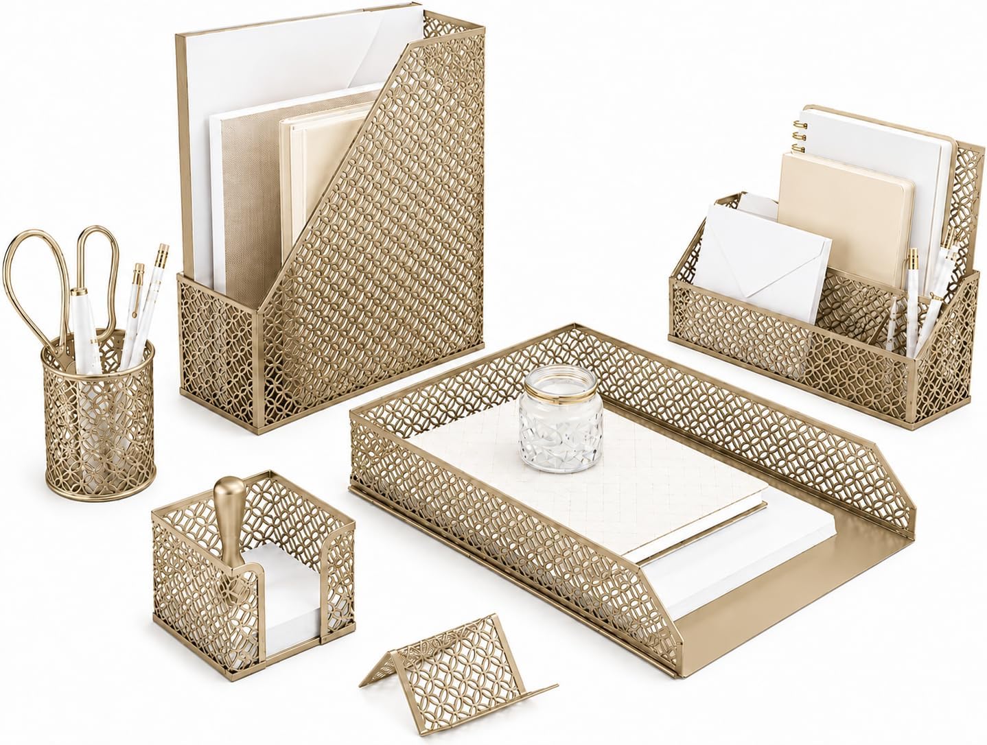 BLU MONACO | Gold Desk Organizer Set with Mail Sorter, Sticky Note Holder, Pen Cup, Magazine Holder, Letter Tray & Business Card Holder | Stylish Desk Accessories for Women & Home Office Décor