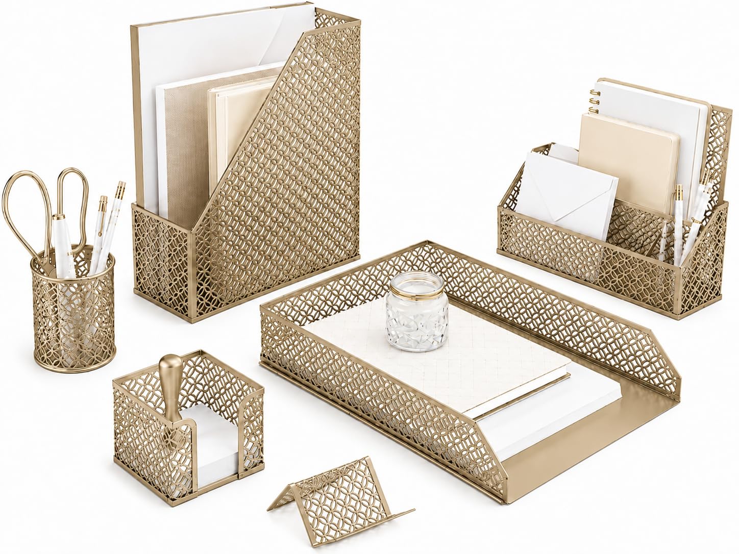 BLU MONACO | Gold Desk Organizer Set with Mail Sorter, Sticky Note Holder, Pen Cup, Magazine Holder, Letter Tray & Business Card Holder | Stylish Desk Accessories for Women & Home Office Décor