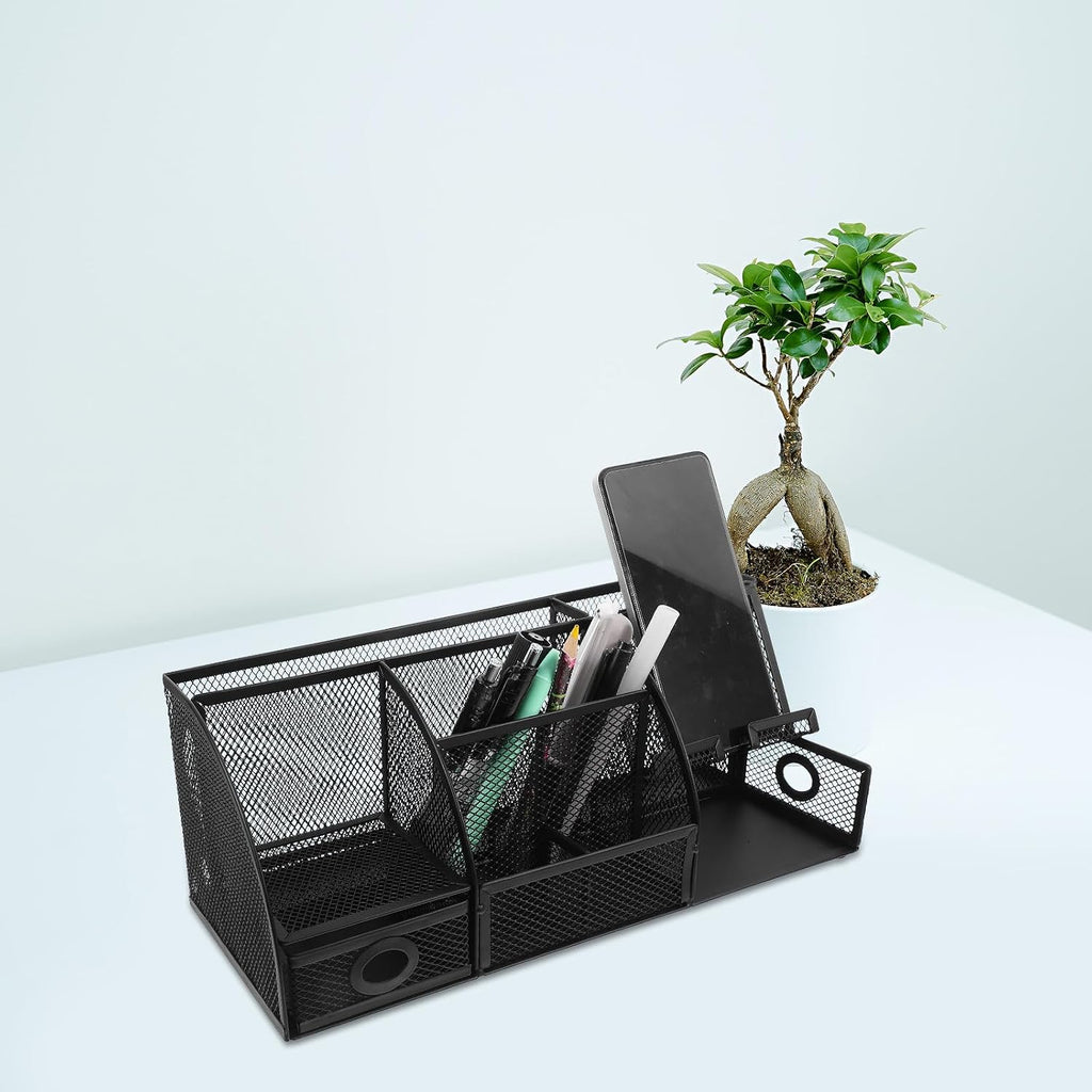 Hemoton Metal Pen Holder Desktop Organizer with 7 Compartments, Large Black Iron Tabletop Storage Box for Office Stationery and Makeup, Desk Organizer for Workspace and School Supplies