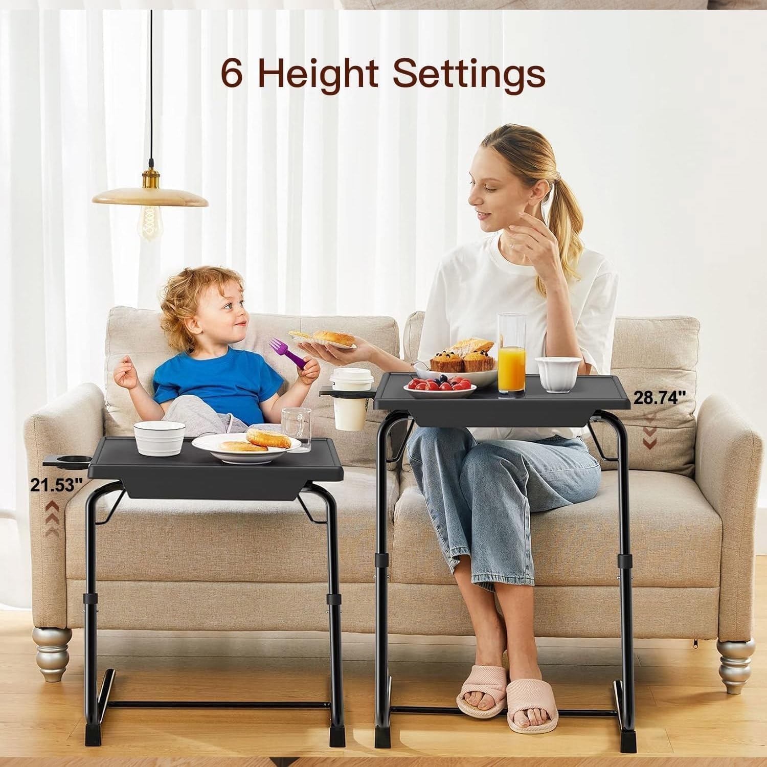 HUANUO Adjustable TV Tray Table - TV Dinner Tray on Bed & Sofa, Comfortable Folding Table with 6 Height & 3 Tilt Angle Adjustments (Black)
