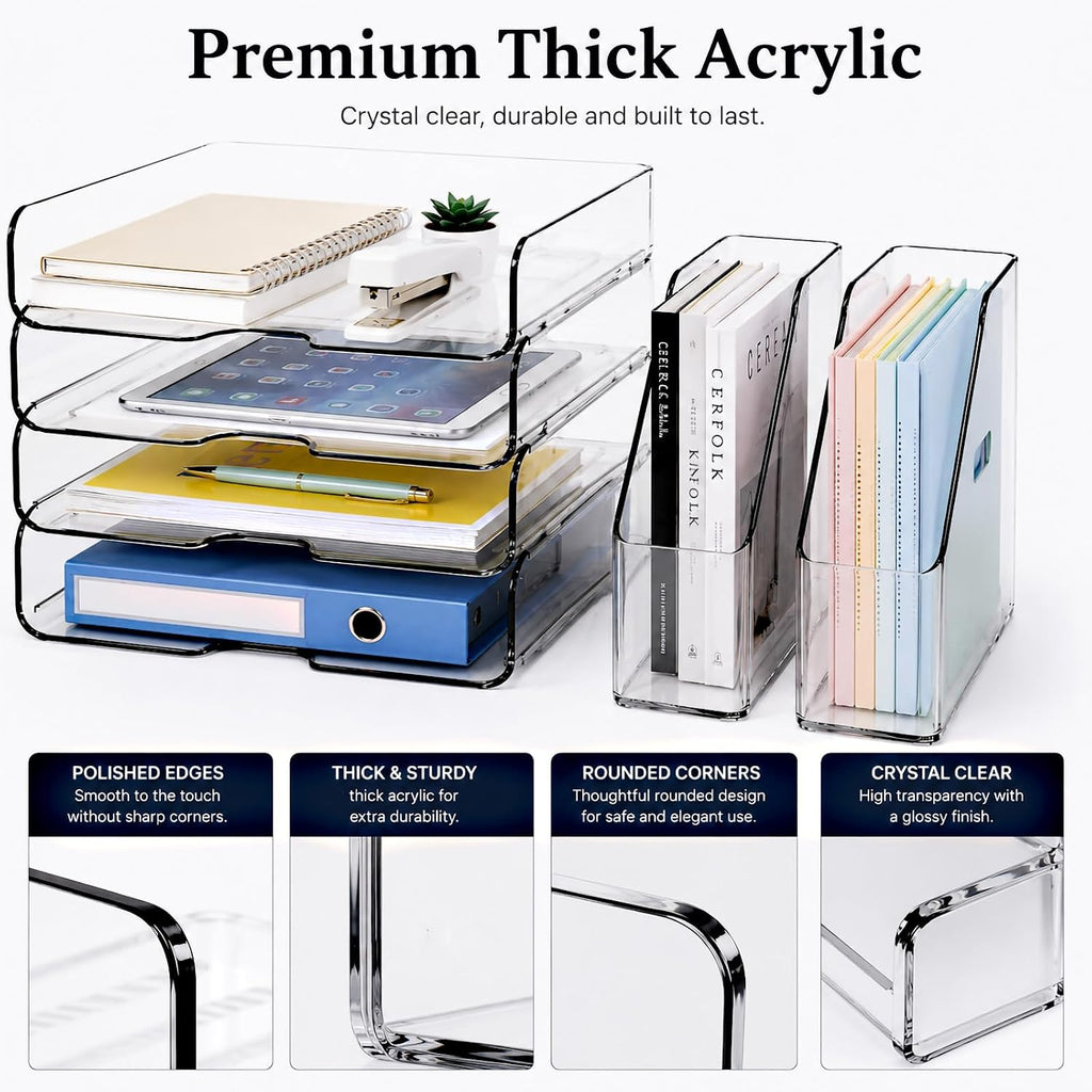 DCA Clear Acrylic Desk Organizer Set, 4 Tier Letter Tray with 2 Magazine File Holders, Clear Paper Organizer for Office, Home, School, Desktop File Storage for Documents, Books & Supplies