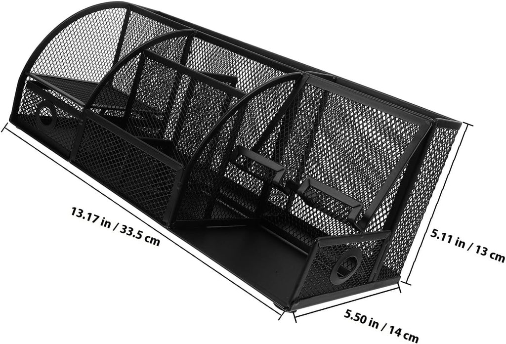 Hemoton Metal Pen Holder Desktop Organizer with 7 Compartments, Large Black Iron Tabletop Storage Box for Office Stationery and Makeup, Desk Organizer for Workspace and School Supplies