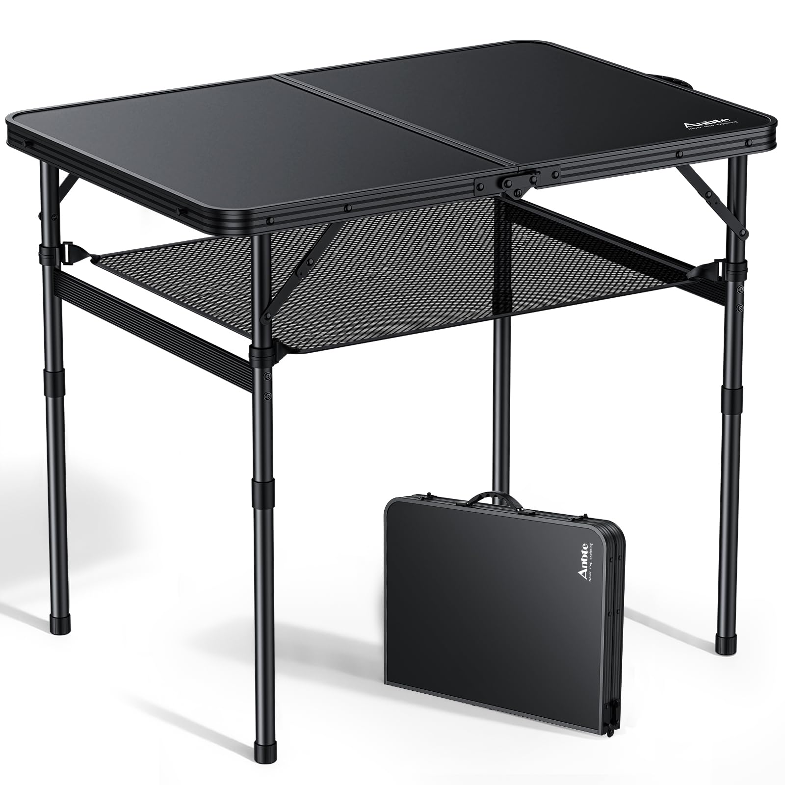 Anbte Folding Camping Table, 36" x 24" Portable Table Adjustable Height Max 28 inch Aluminum Folding Table with Storage Net, Lightweight, Portable Handle for Travel, Outdoor, Backyard (Black)