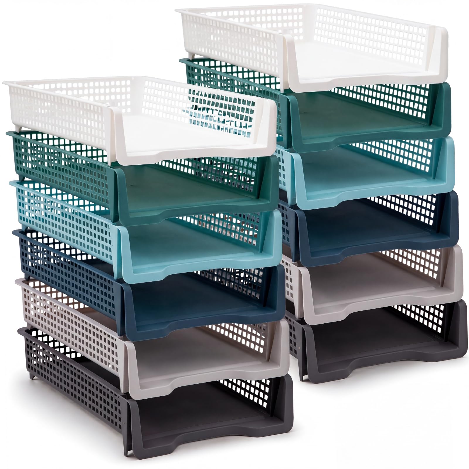 Geetery Set of 12 Plastic Trays for Teachers Turn in Trays Classroom Stackable Paper Tray Plastic Classroom Teachers Desk Letter Organizer Storage Baskets for Office, Desk, Home (Rainbow Color)