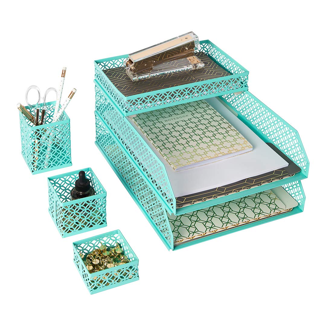 BLU MONACO | Gold Desk Organizer Set for Women 6 Piece | Mail Sorter Organizer Countertop with Letter Sorter for Desk | Steel Desktop Organizer with Mesh Pen Holders