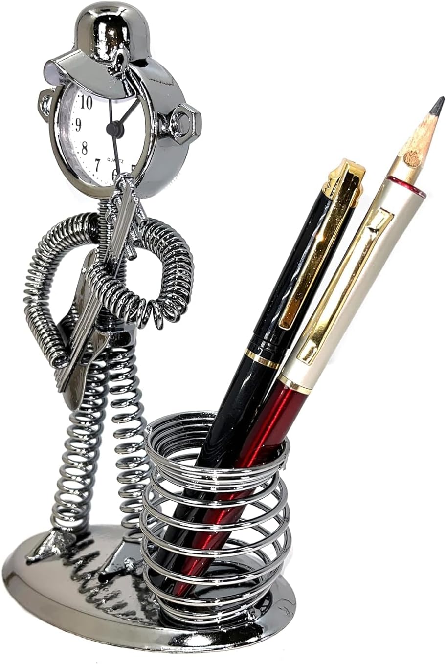 Antique Metal Pen Stand with Clock | Pen-Pencil Holder for Study Table, Office table, Home - Stylish Desk Organizer Decor Piece (Guitar)