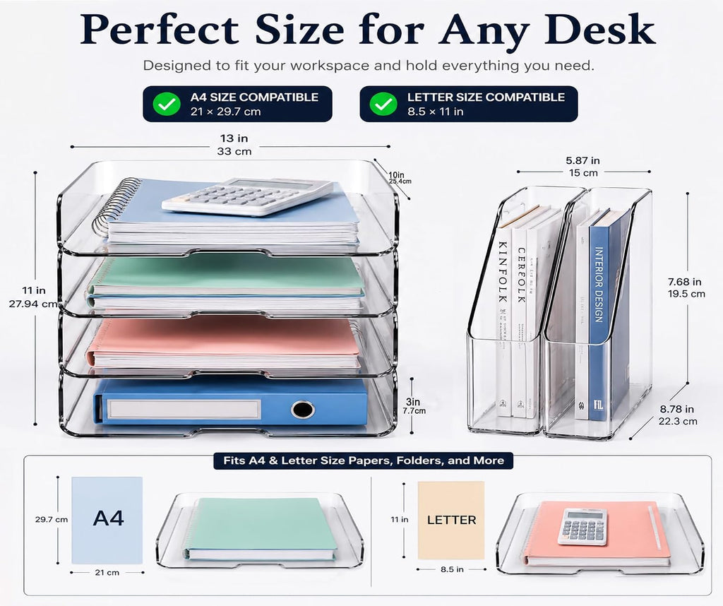DCA Clear Acrylic Desk Organizer Set, 4 Tier Letter Tray with 2 Magazine File Holders, Clear Paper Organizer for Office, Home, School, Desktop File Storage for Documents, Books & Supplies