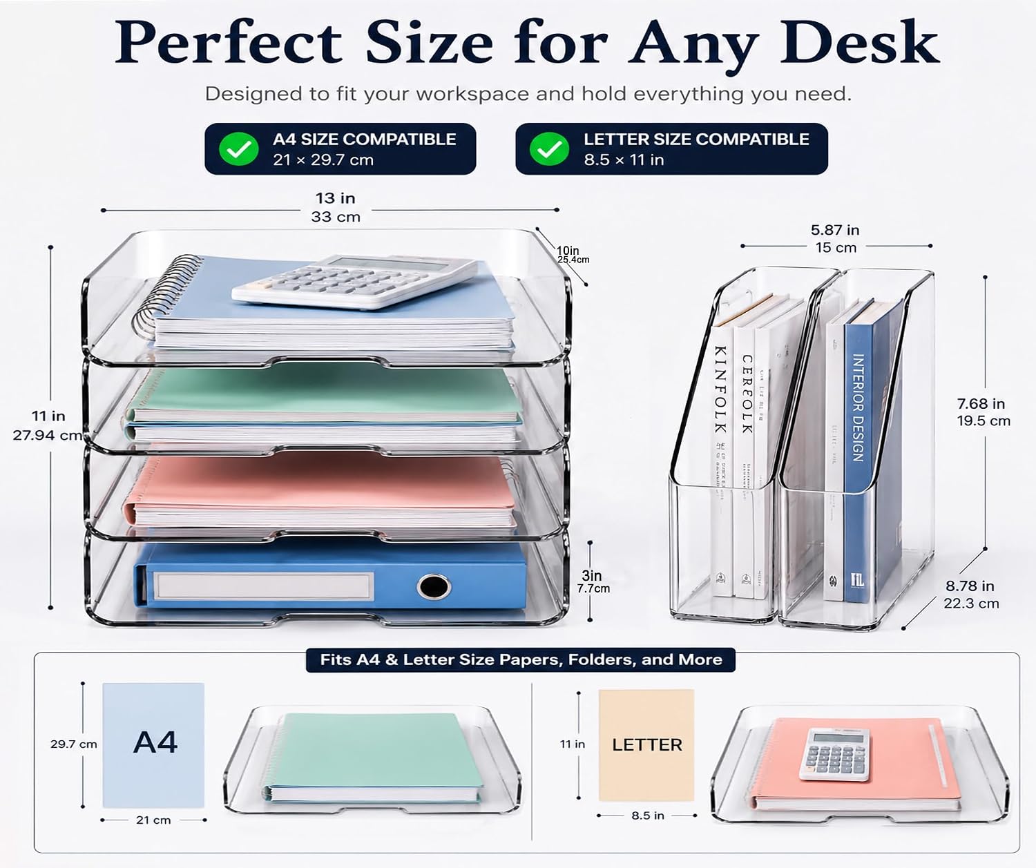 DCA Clear Acrylic Desk Organizer Set, 4 Tier Letter Tray with 2 Magazine File Holders, Clear Paper Organizer for Office, Home, School, Desktop File Storage for Documents, Books & Supplies