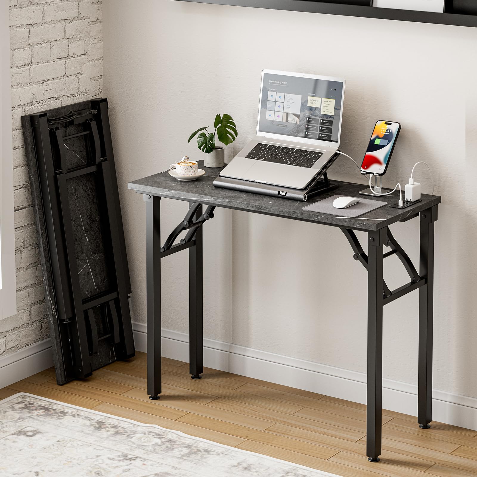 Frylr Small Folding Computer Desk – Portable 35.8 Inch Foldable Laptop Table, No-Assembly, Collapsible and Compact for Easy Storage, Lightweight for Small Spaces, Craft and Study Use, Dark Walnut