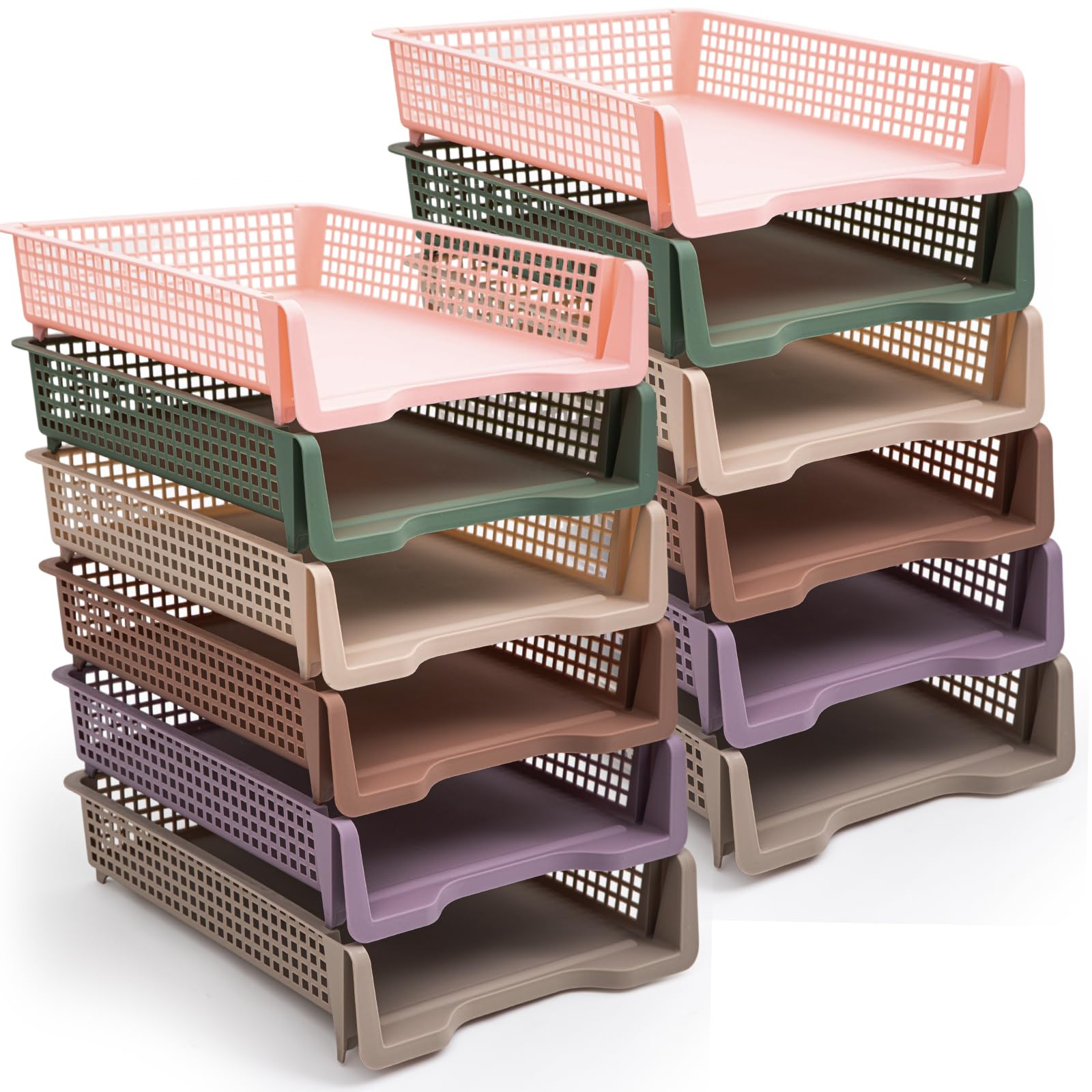 Geetery Set of 12 Plastic Trays for Teachers Turn in Trays Classroom Stackable Paper Tray Plastic Classroom Teachers Desk Letter Organizer Storage Baskets for Office, Desk, Home (Rainbow Color)