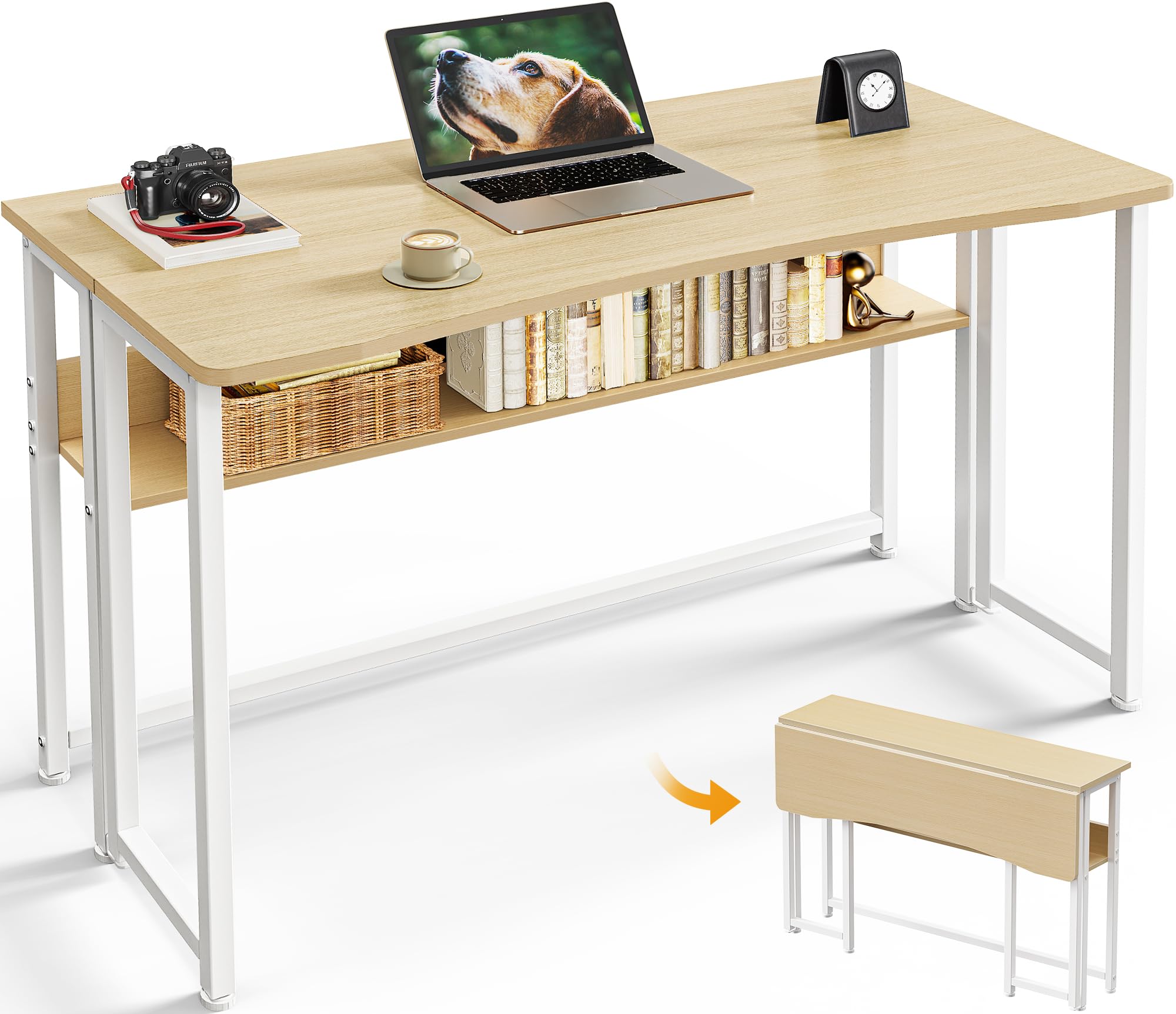 Huuger Folding Desk with Storage Shelf, 31.5 Inch Foldable Computer Table for Small Spaces, Space Saving Sofa Table for Couch, Writing Work Office Computer Desk, Easy to Fold, Rustic Brown