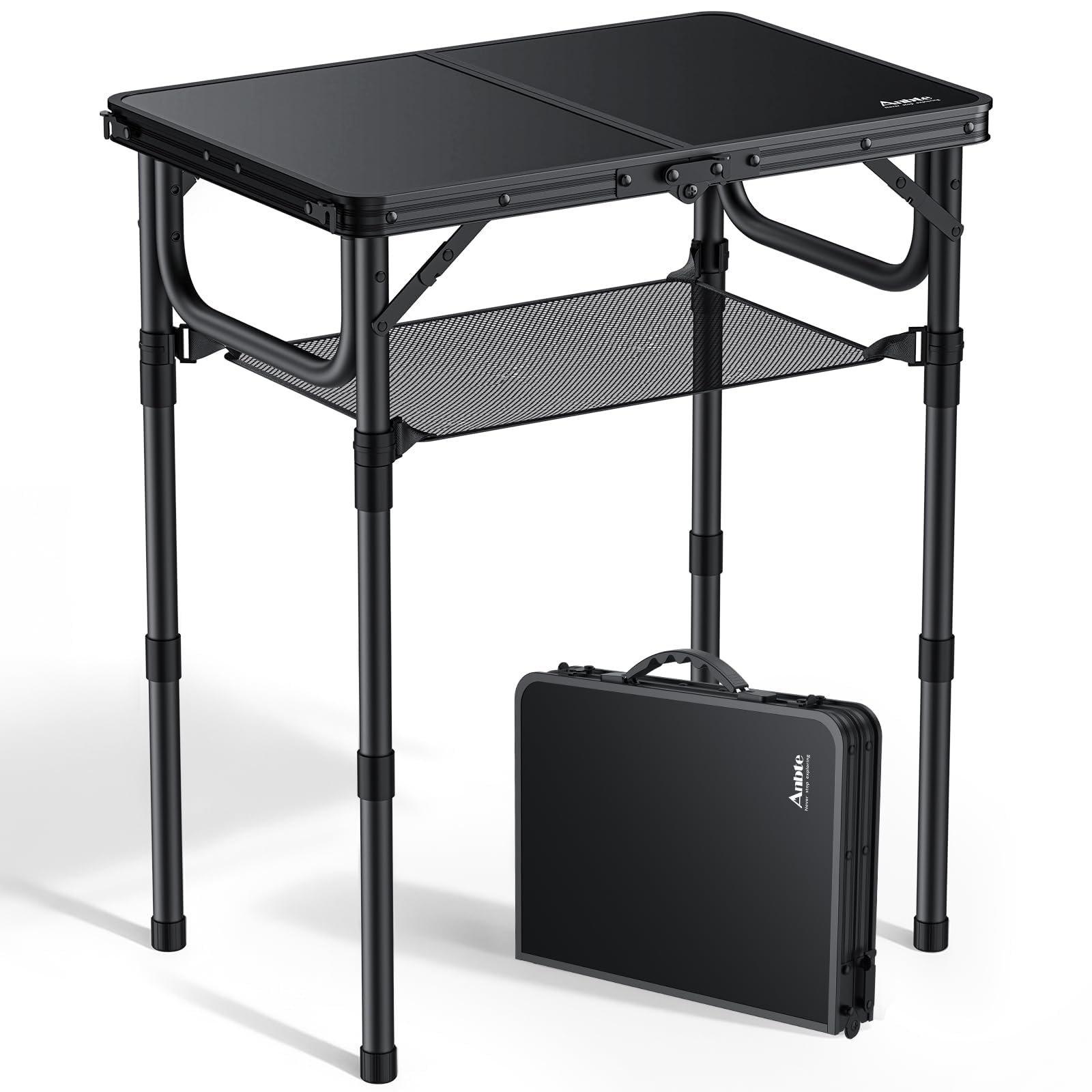 Anbte Folding Camping Table, 36" x 24" Portable Table Adjustable Height Max 28 inch Aluminum Folding Table with Storage Net, Lightweight, Portable Handle for Travel, Outdoor, Backyard (Black)